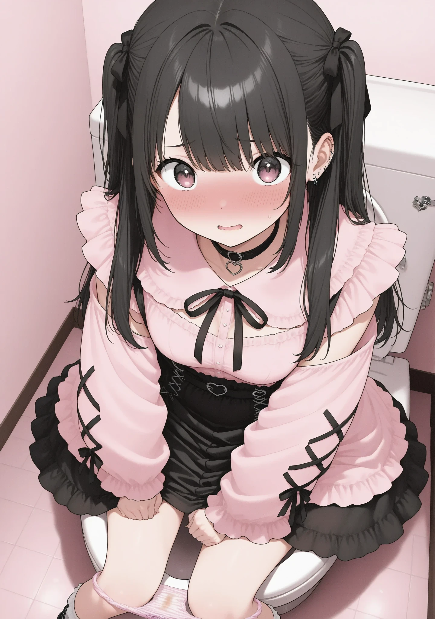 1girl, black hair, Jirai Kei fashion, looking at viewer, embarrassed