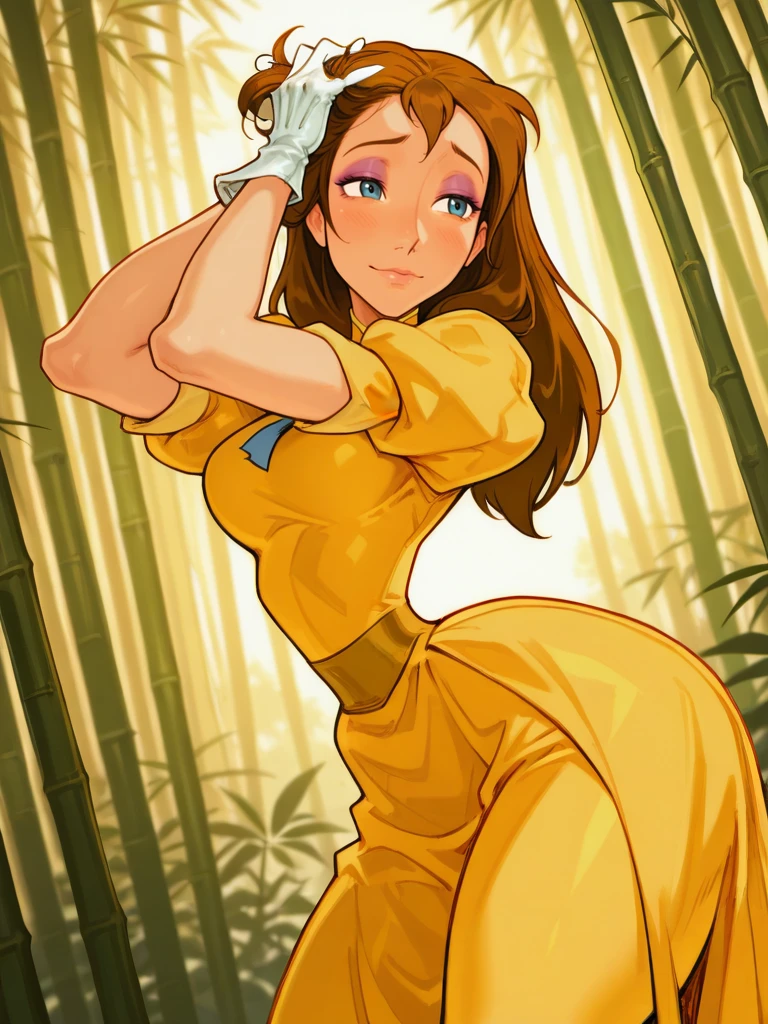 hi res, best quality, masterpiece, NishimuraXL,, simple background, (sketch:1.1), narrow waist, wide hips, thick thighs
1girl, medium breasts, (JaneXL:1.1), long hair, brown hair, blue eyes, yellow dress, puffy sleeves, white gloves, skirt, makeup,
light smile, dutch angle, shy pose, shy, looking at viewer, bamboo forest, nature, daylight, portrait, dynamic pose, cowboy shot, from side, one hand on hair,
<lora:JanePorterXL_Character:0.75> <lora:AKinuNishimura_Style-12:1.2>