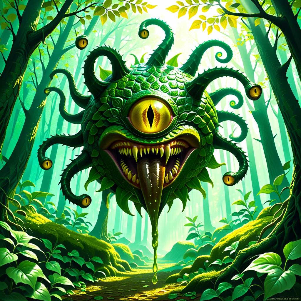 masterpiece, ultra quality, ultra detailed,  <lora:Magic_Creatures_Beholders_V2_SDXL1.0:1> beholders, bhv2, cinematic, dramatic lighting,masterpiece, ultra detailed textures and colors, This male beholder sports a rich emerald green body with textured, leaf-like patterns that give him a camouflaged appearance. He has tentacles with eyes in every tentacle tip. His eye stalks are a vibrant yellow, resembling sunflowers. He floats amidst a magical forest glade, dappled sunlight filtering through the leaves, creating a warm, inviting atmosphere that emphasizes his rugged, bark-like texture., he has a big mouth and long sharp teeth and a long tongue that sticks out dripping saliva and white goo, he has a green foggy cloud of odor and pestilence around him, flies flying around him,