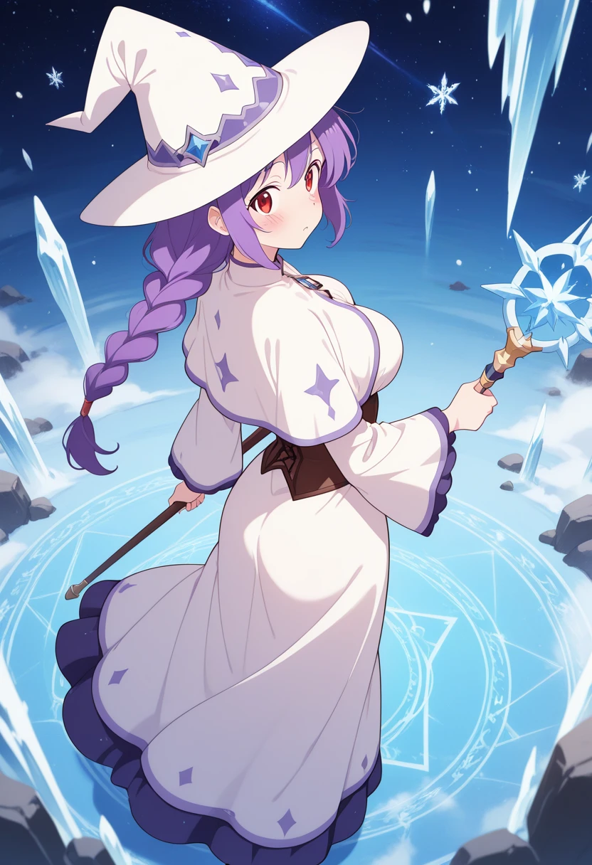 ailand,ailand,((action)),action_pose, , ((holding_staff)),dynamic pose,((dynamic_angle,perspective)),action,((from_behind,from side,from above )),((facing away)), magic circle, magic,action_scene,casting_magic,cryokinesis,ice,crystals,gems,icicle,fog,blue theme, starry_background,icy_trail,icy_explosion ,falling_ice,snowing, ice_boulders,holding_staff,steel_staff,fluttering_clothes,impact,raised_staff,debris, , red eyes,foreshortening, looking at viewer, motion_lines,motion_blur,both_hands_on_staff
BREAK
melitaphyllis, 1girl, breasts, blush, bangs, long sleeves, hat, dress, purple hair, wide sleeves, star, (symbol), white dress, capelet, witch hat, white headwear, corset, long dress, underbust, witch, white capelet, <lora:melita_phyllis_v1_illustrious:1>,white dress, braid, braided ponytail,,((anime_coloring)),anime_screencap,studio_anime,<lora:ailand_v1_illustrious:1>