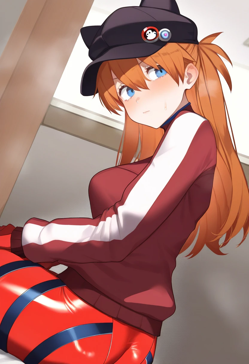 best quality, amazing quality, very aesthetic, absurdres,
1girl, animal hat, ass, bangs, black headwear, blue eyes, blush, bodysuit, breasts, brown hair, cat hat, closed mouth, from behind, hat, indoors, jacket, long hair, long sleeves, looking at viewer, looking back, medium breasts, orange hair, plugsuit, red bodysuit, red jacket, sitting, solo, souryuu asuka langley, track jacket, <lora:KikimifukuriNoobLocon_byKonan:1>