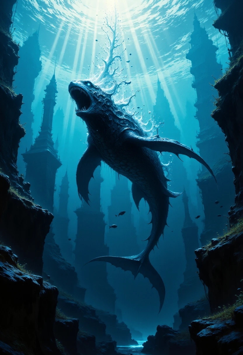 From beneath the water, Leviathan is viewed from below, its colossal form cutting through the ocean. The deep blue of the water contrasts with streaks of sunlight piercing through from the surface, creating a mystical atmosphere. Schools of fish scatter as Leviathan swims gracefully, its long tail sweeping through the water, creating currents. Air bubbles rise around it, and its teeth and glowing eyes are faintly visible in the dim underwater light. Detailed anime illustration with dynamic aquatic tones. <lora:FluxColorfulArtV1:1> C0lorful4rt