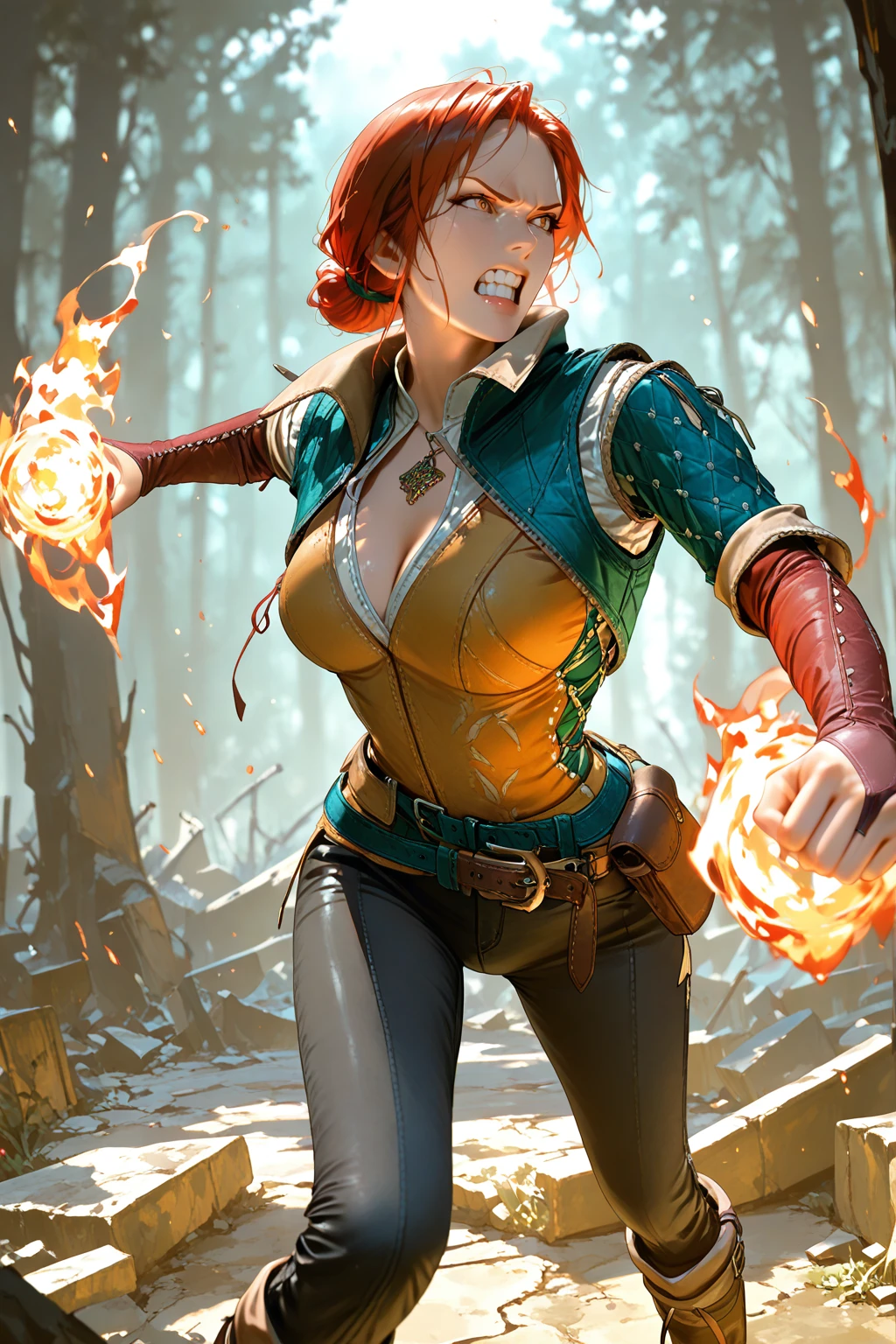 masterpiece, good quality, best quality, very awa, very as2, absurdres, highres,
<lora:TrissilluLoRA:1>TrssMeri, short hair, hair bun, necklace, cleavage, vest, shirt, bridal gauntlets, belt, green waistband, pants, boots, casting spells, fire ball, fighting stance, attacking, flames, forest, ruins, angry, teeth, perspective