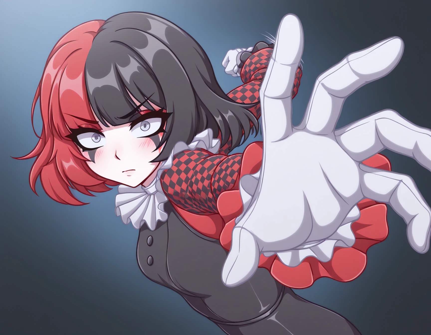masterpiece, best quality, amazing quality, very aesthetic, high resolution, solo
Maf, two tone hair, red hair, black hair, black outfit, white gloves, white collar, red sleeves, featuring a checkered sleeve, white collar, IncrsPunchMeme, incoming attack, motion lines, upper body
 <lora:PepePunchMeme_illusXLNoobAI_Incrs_v1:1.1>
 <lora:Maf_il:0.9>