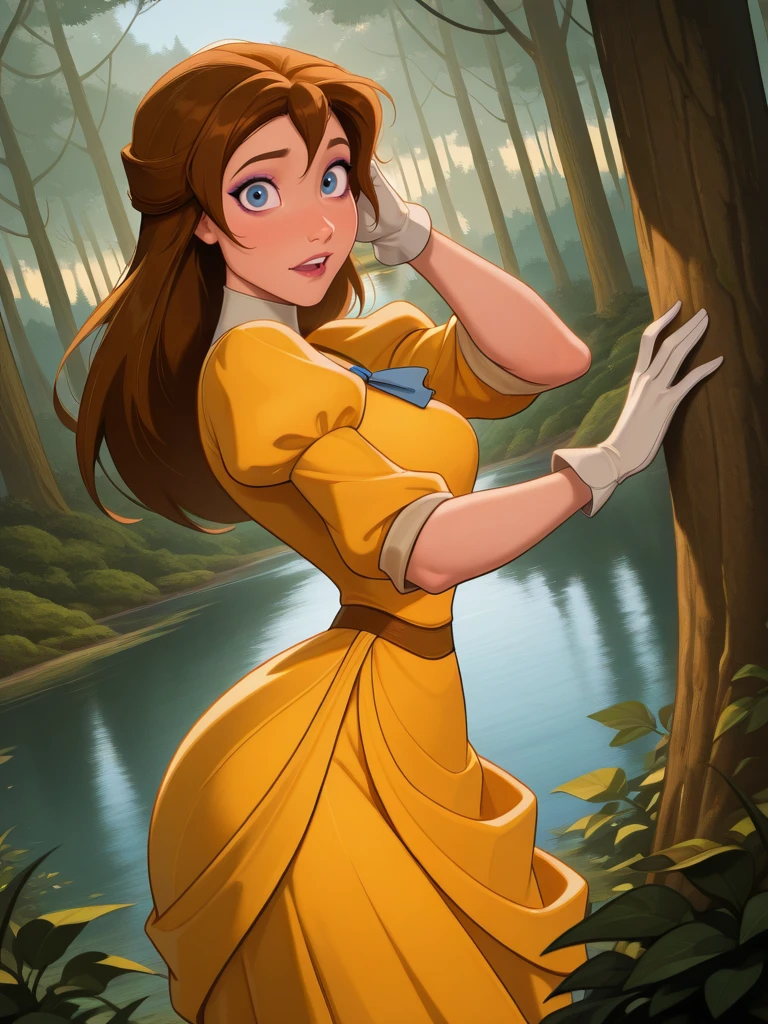 hi res, best quality, masterpiece, narrow waist, wide hips, thick thighs
1girl, medium breasts, (JaneXL:1.1), long hair, brown hair, blue eyes, yellow dress, puffy sleeves, white gloves, skirt, makeup,
light smile, dutch angle, shy pose, shy, looking at viewer, forest, lake, vegetation, daylight, portrait, dynamic pose, cowboy shot, from side, one hand on hair, one hand on open mouth, surprised,
<lora:JanePorterXL_Character:0.75> <lora:AMarvelRivals_style-06:0.85> MarvelRivals,,, semi realistic, cartoon,,,
