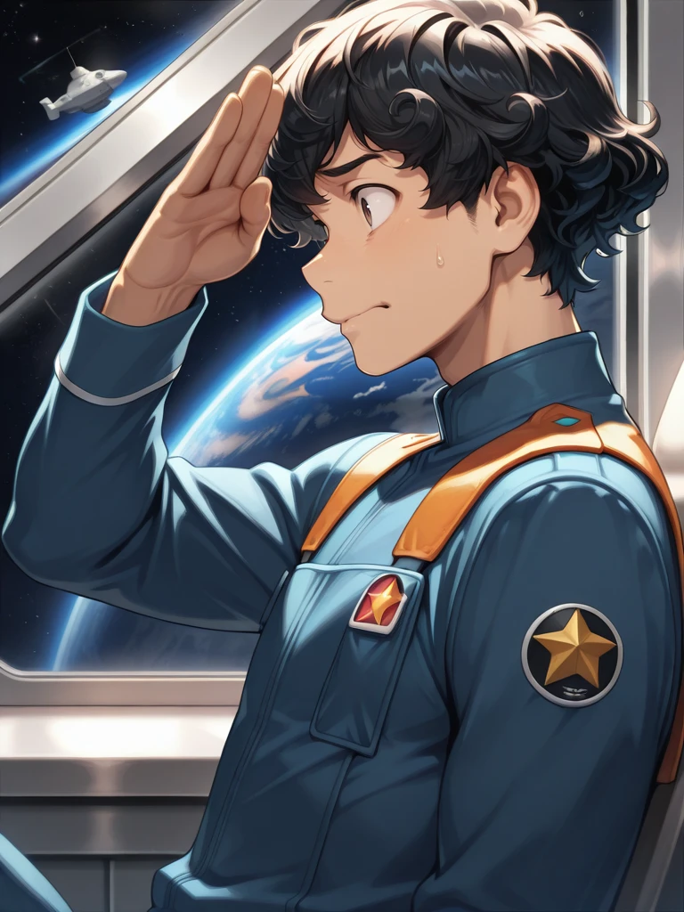 <lora:Tenryo_T:1>,Tenryo T,1boy,adult male,solo,
space cadet,uniform,salute,from side,nervous,space ship,metal,stars,
masterpiece,best quality,ultra detailed