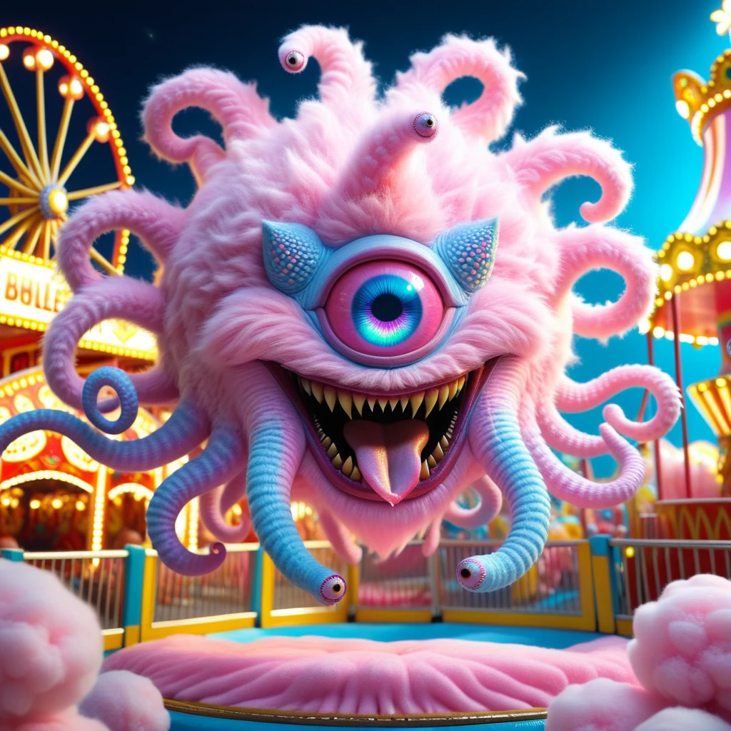 masterpiece, ultra quality, ultra detailed, <lora:Magic_Creatures_Beholders_V2_SDXL1.0:1> beholders, bhv2,cinematic, dramatic lighting, masterpiece, ultra detailed textures and colors,this adorable male beholder features a fluffy, pastel-colored body with shades of pink and blue that blend together like cotton candy. He has tentacles with eyes in every tentacle tip. His soft, plushy texture is accentuated by a playful sparkle in his big, bright eyes. He has a big mouth with long sharp fangs, He floats happily in a fairground setting filled with soft, warm lights and playful colors, evoking a sense of joy and whimsy