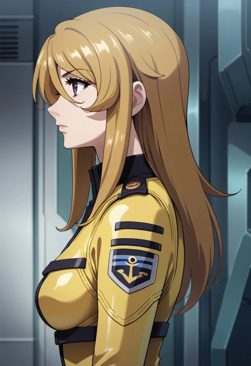 score_9, score_8_up, score_7_up, source_anime, mori yuki, dirty-blonde hair, long hair, purple eyes, 1girl, solo, yellow bodysuit, uniform, military uniform, bodysuit, military, yellow jacket, from side