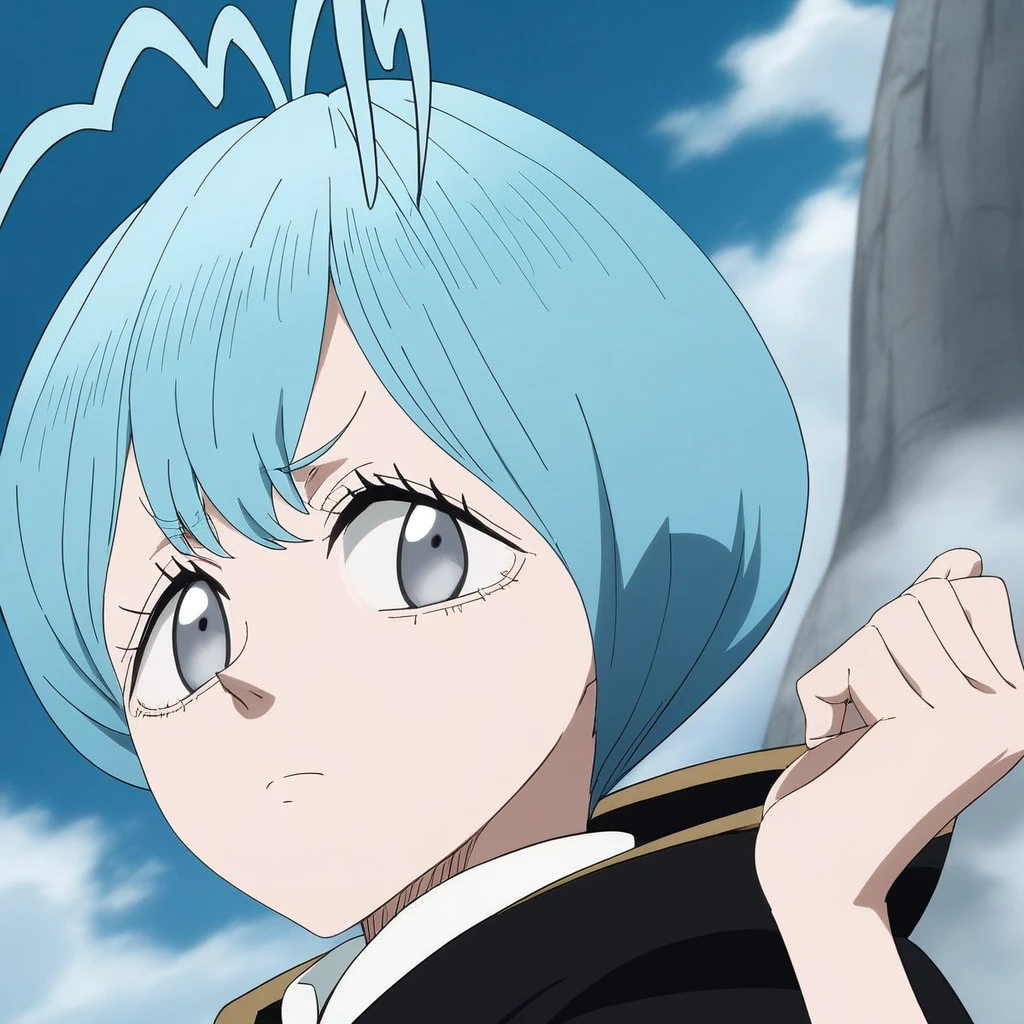 Double Hair antenna, large fringe, Droopy eyes, gray eyes, Medium breasts, blue hair