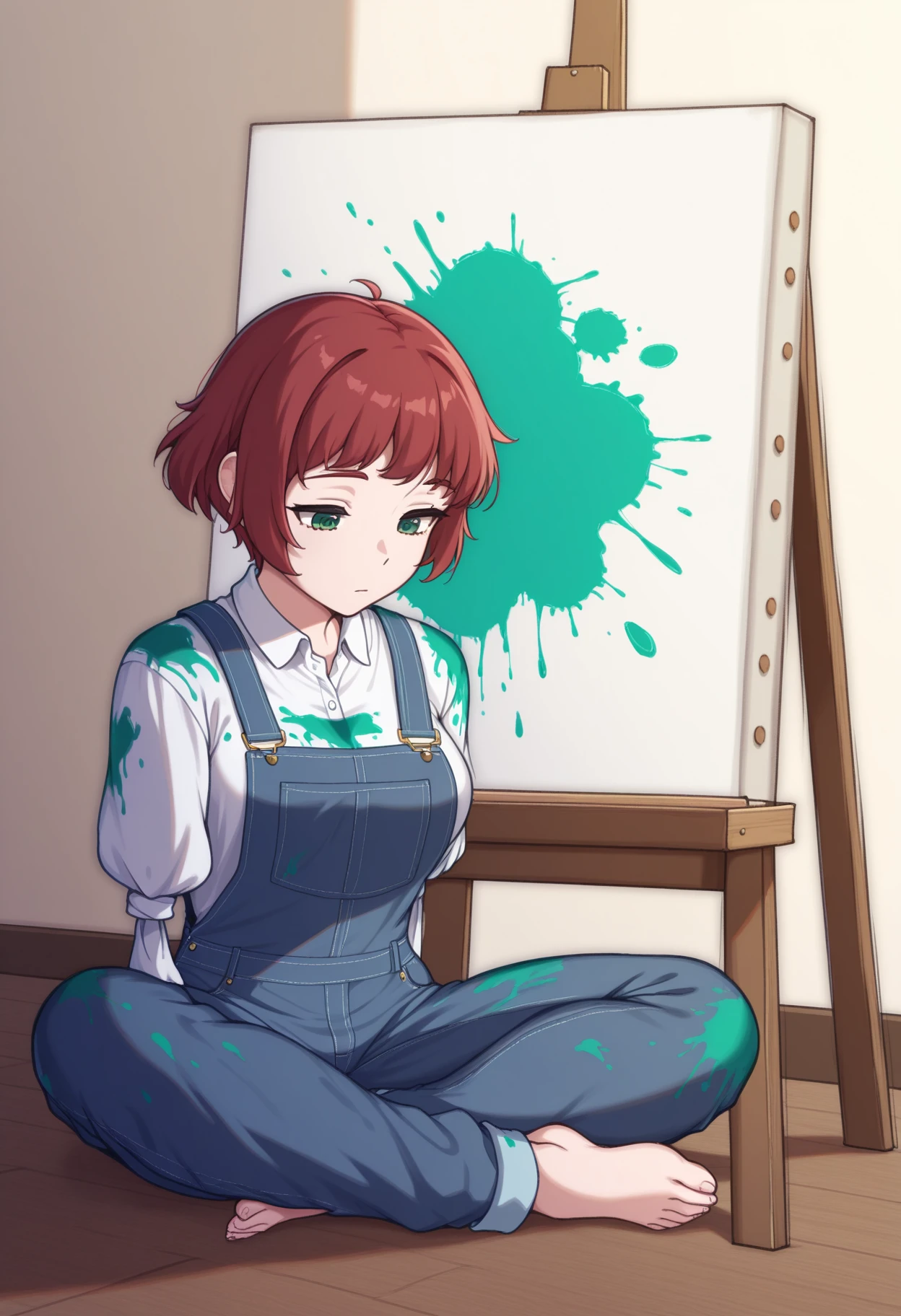 masterpiece, best quality, <lora:NSRinKatawa:1> NSRinBase, armless amputee, red hair, short hair, green eyes, white collared shirt, blue overalls, covered in paint, paint on clothes, indian style, wooden floor, canvas, looking down