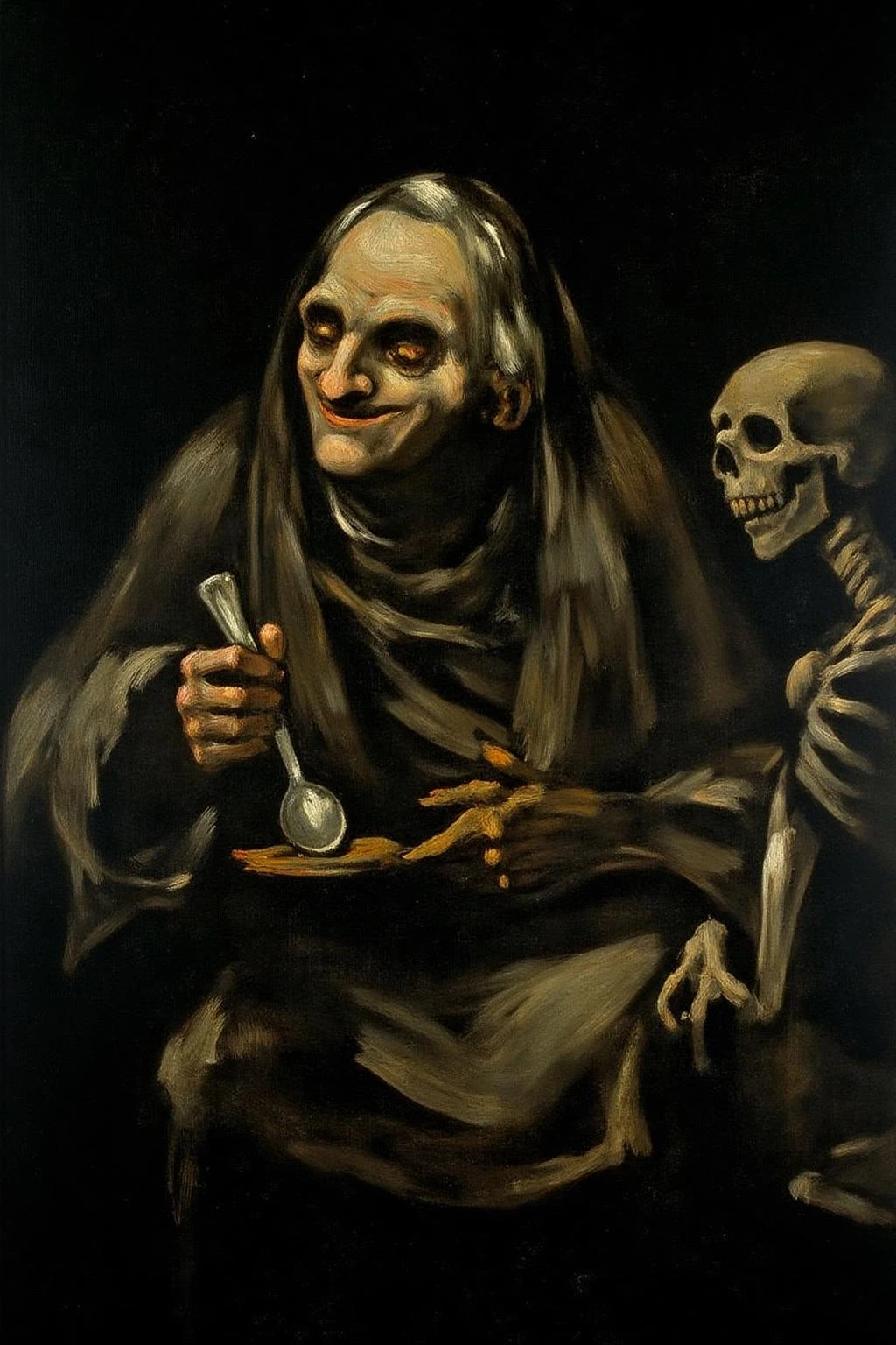 g0ya1 painting of Two elderly women in a somber, dimly lit setting. The painting features two hunched, elderly women, both dressed in dark, tattered, and worn-out garments that blend into the dark, almost black background, creating a stark contrast. The woman on the left has a gaunt face with sunken eyes and a wrinkled, weathered complexion. She is holding a spoon. The woman on the right has a skeletal appearance. <lora:g0ya2_cap_d6a3e12:1.0><lora:823857199618036698:0>