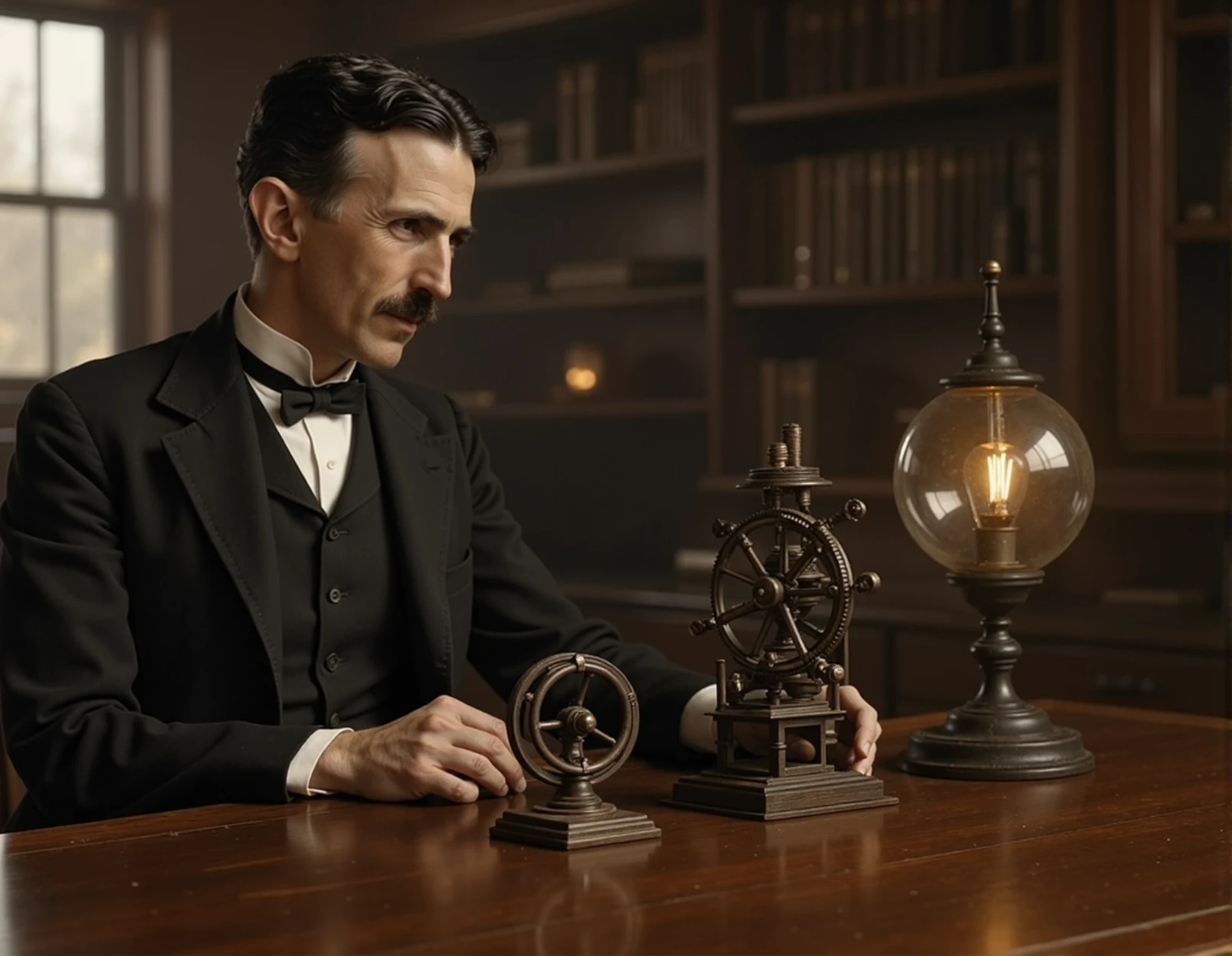 The image is a photograph featuring a man in a vintage setting, likely from the early 20th century. The man, who has a mustache and slicked-back hair, is dressed in a formal black tuxedo with a bow tie. He is seated at a wooden desk, leaning slightly forward with his hands resting on the surface, looking intently at the objects in front of him.
On the desk are three intricate mechanical devices. The device on the left appears to be a clockwork mechanism with gears and a small cylindrical body. The middle device is a more complex arrangement of gears and metallic components, resembling an astrolabe or a celestial navigation instrument. The device on the right is a large, spherical contraption with interconnected gears and a glowing light bulb at its center, suggesting a dynamo or early electrical device.
The background is dimly lit, creating a warm, sepia-toned ambiance. There are large, rectangular windows with wooden frames, through which soft light filters in. The room appears to be a study or a laboratory, with wooden shelves filled with books and various scientific instruments, adding to the vintage, intellectual atmosphere. The overall mood of the image is one of curiosity and intellectual inquiry. <lora:Tesla_instantID_OT_ep50:0.9>