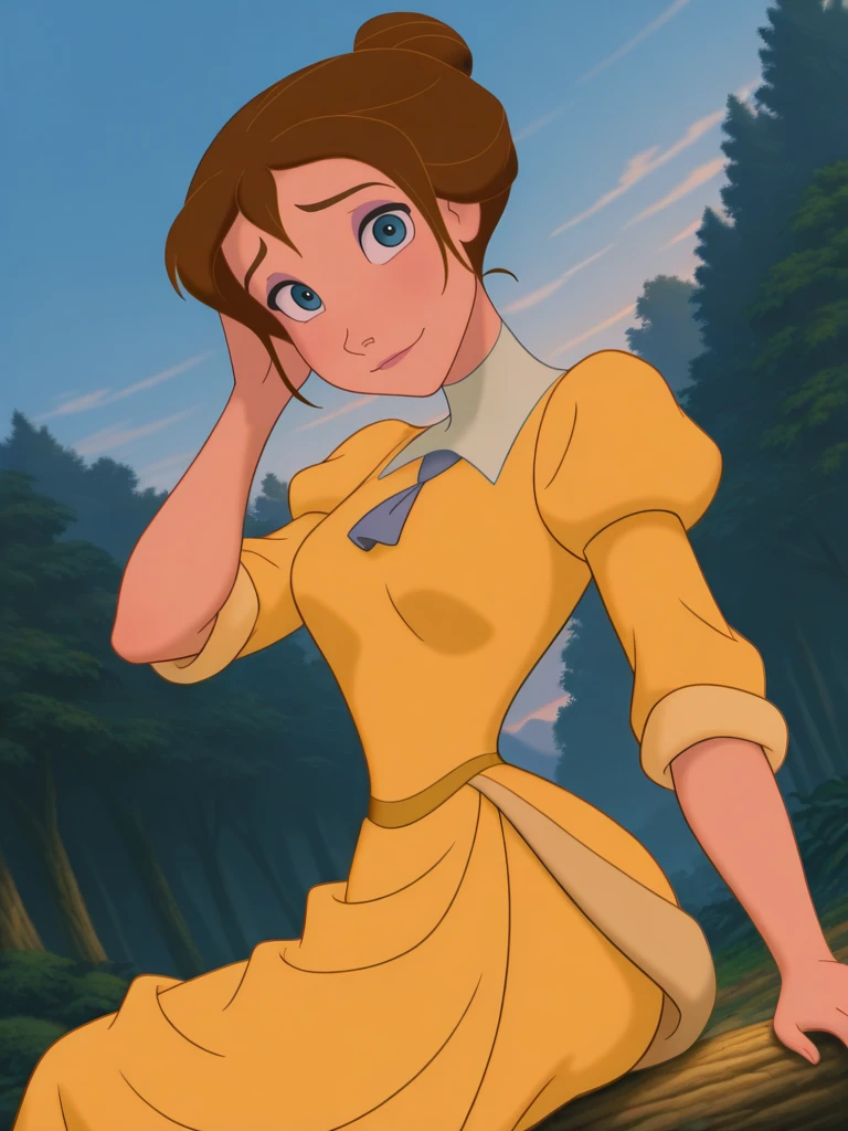 (anime screencap:1.2), background,
1girl, medium breasts, (JaneXL:1.1), short hair, brown hair, hair bun, blue eyes, yellow dress, puffy sleeves, skirt, makeup,
light smile, dutch angle, shy pose, sitting on wooden log, looking at viewer, blue sky, nature, daylight, portrait, dynamic pose, cowboy shot, from side, one hand on hair,
<lora:JanePorterXL_Character:1>