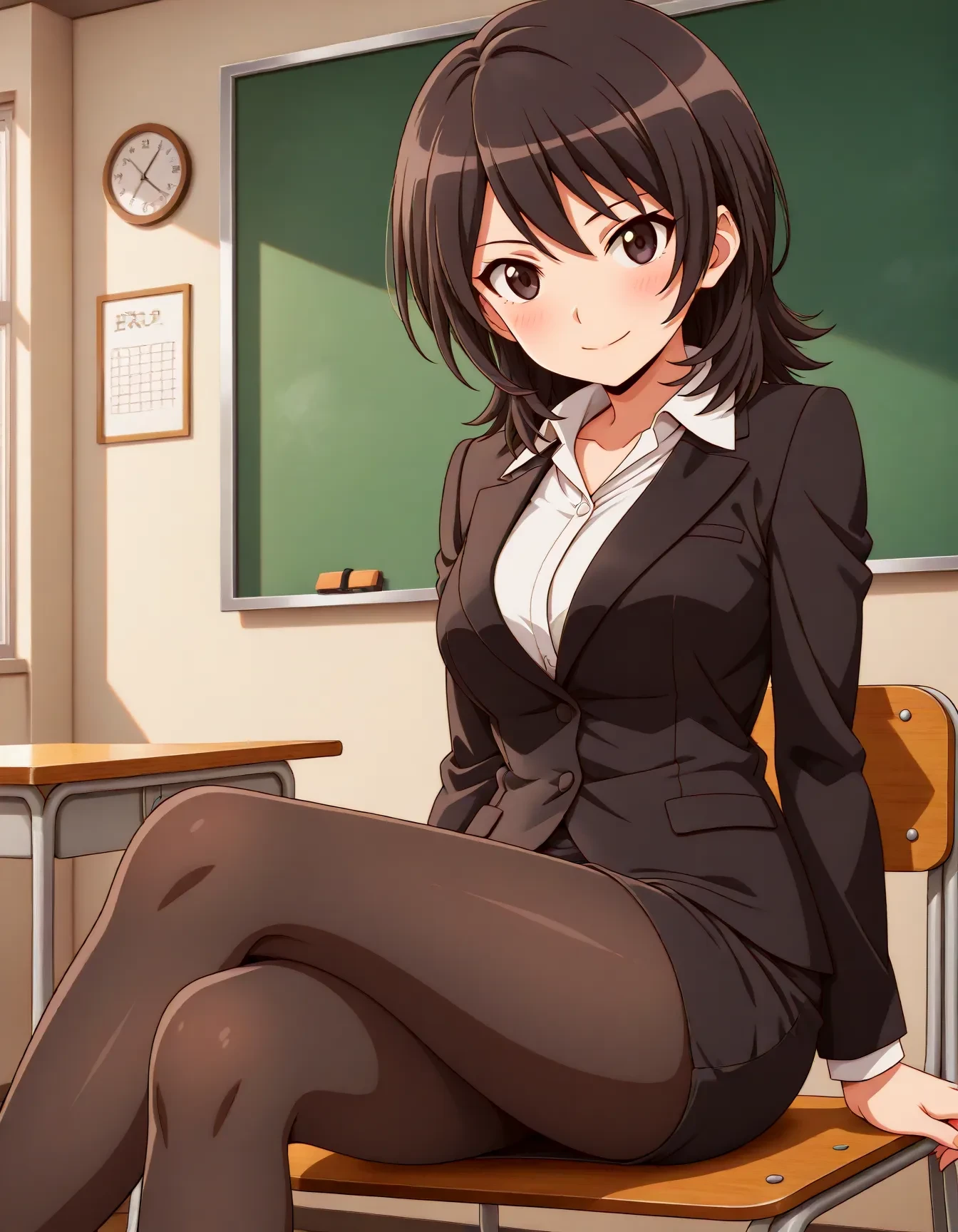 <lora:dmd2_sdxl_4step:1>,1girl,official style,masterpiece,best quality,newest,absurdres,highres,very awa,Anime,anime coloring,anime screencap,<lora:takahashi_maya_V1:1>,takahashi maya,solo,black hair,short hair,black eyes,skirt suit,black jacket,white shirt,pencil skirt,pantyhose,classroom,smile,stylish_pose,sitting,crossed_legs,