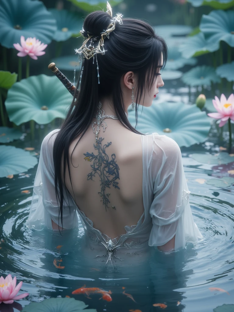 Emerging nude from lotus-filled pond, modesty preserved by swirling mist patterns. Hair coiled with glowing waterweed, sword submerged showing distorted reflection of her scarred back. Koi fish transforming into talismans when touching her skin, cherry blossoms sinking without ripples.