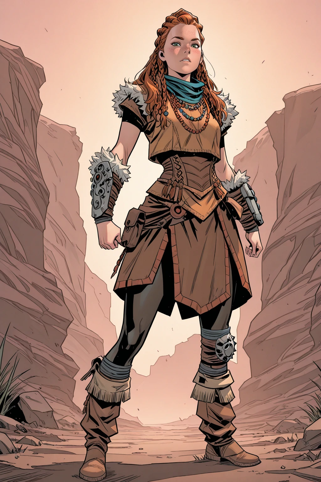 masterpiece, good quality, best quality, very awa, very as2, absurdres, highres
<lora:AloyilluLoRA:1>aly, long hair, multiple braids, freckles, hair ornament, scarf, top, fur trim, necklace, bracer, skirt, pants, single knee pad, boots
<lora:Carlos GomezStyleilluLYCO:1> cgstyle, (borderless), full body, looking at viewer