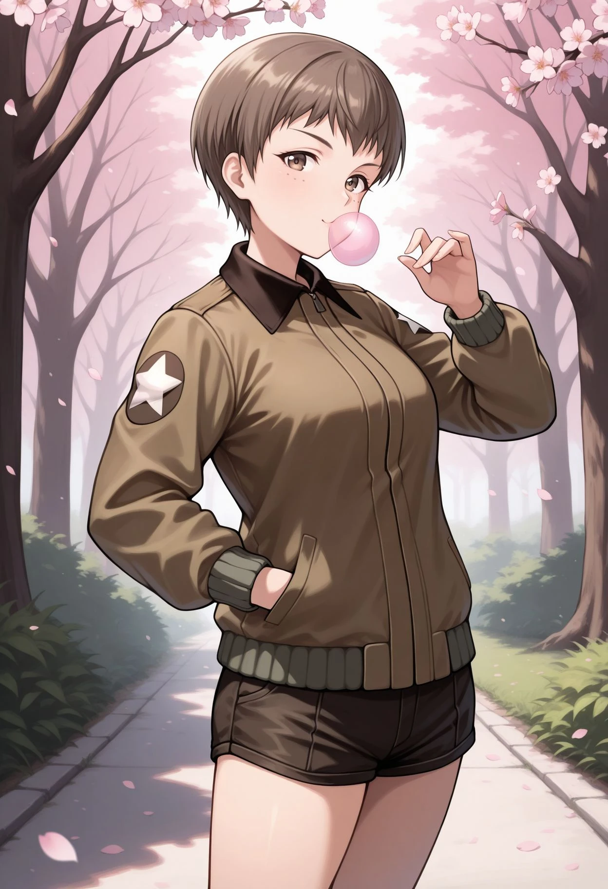 masterpiece,best quality,absurdres,highres,very aesthetic,high quality,detailed,insanely detailed,beautiful,perfect lighting, outdoors,cherry blossoms,standing,cowboy shot, smile,
<lora:Naomi illu:1> 1girl, Gupnaomi, 1girl, saunders military uniform, chewing gum, bubble blowing, black shorts, brown hair, emblem, brown eyes, brown jacket, freckles, star (symbol), hand in pocket, looking at viewer, cowboy shot, standing, long sleeves, bomber jacket, short shorts,