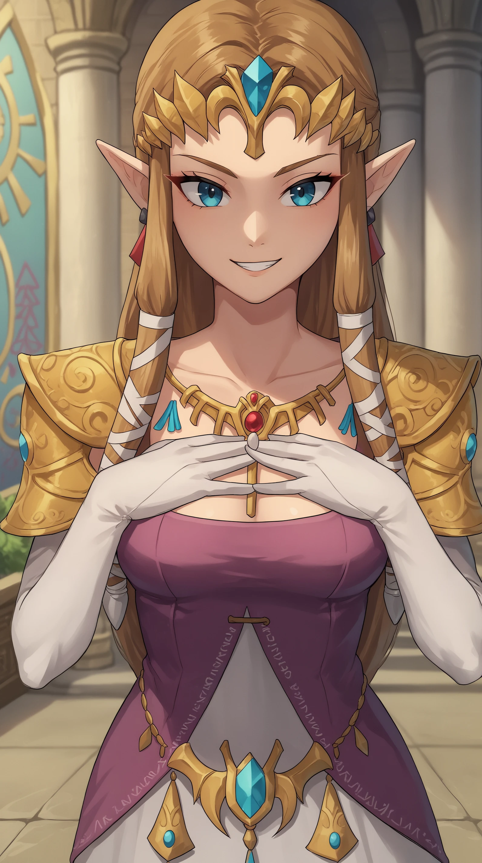 score_9, score_8_up, score_7_up,anime_source, source_anime, best background, detailed background, anime screencap, 4k, upscale, Zelda TP, Main Outfit, solo, looking at viewer, indoors, corridor, grin, hand on own chest <lora:JN_Zelda_TP_Pony:0.8>