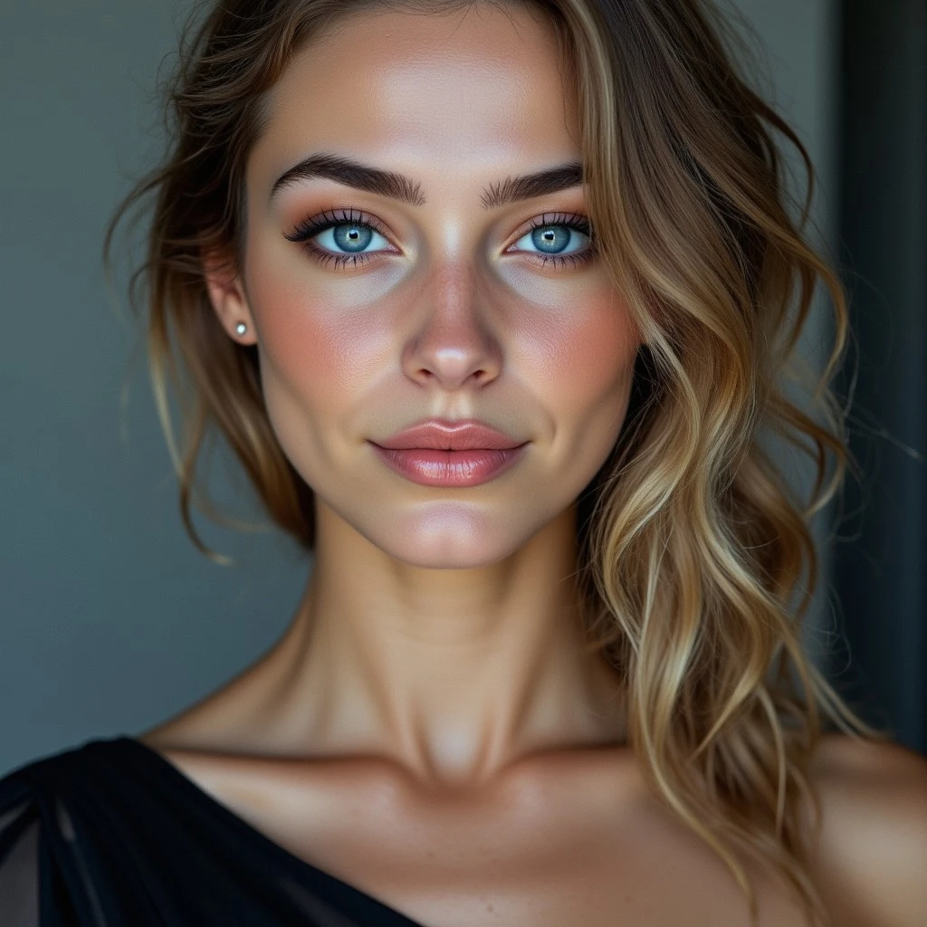 A stunning FACE CLOSE UP portrait of a WOMAN , BLUE EYES, wearing an elegant couture gown, aidmaimageupgrader