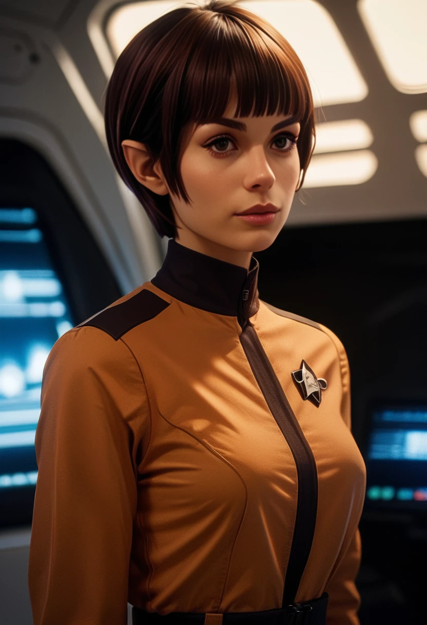 source_9, source_8_up, source_7_up, source_6_up, vulc4n, on a spacecraft, cowboy shot, 1girl, pointy eyebrows, blunt bangs, brown hair, very short hair, wearing a uniform  <lora:vulc4n-v4:1>