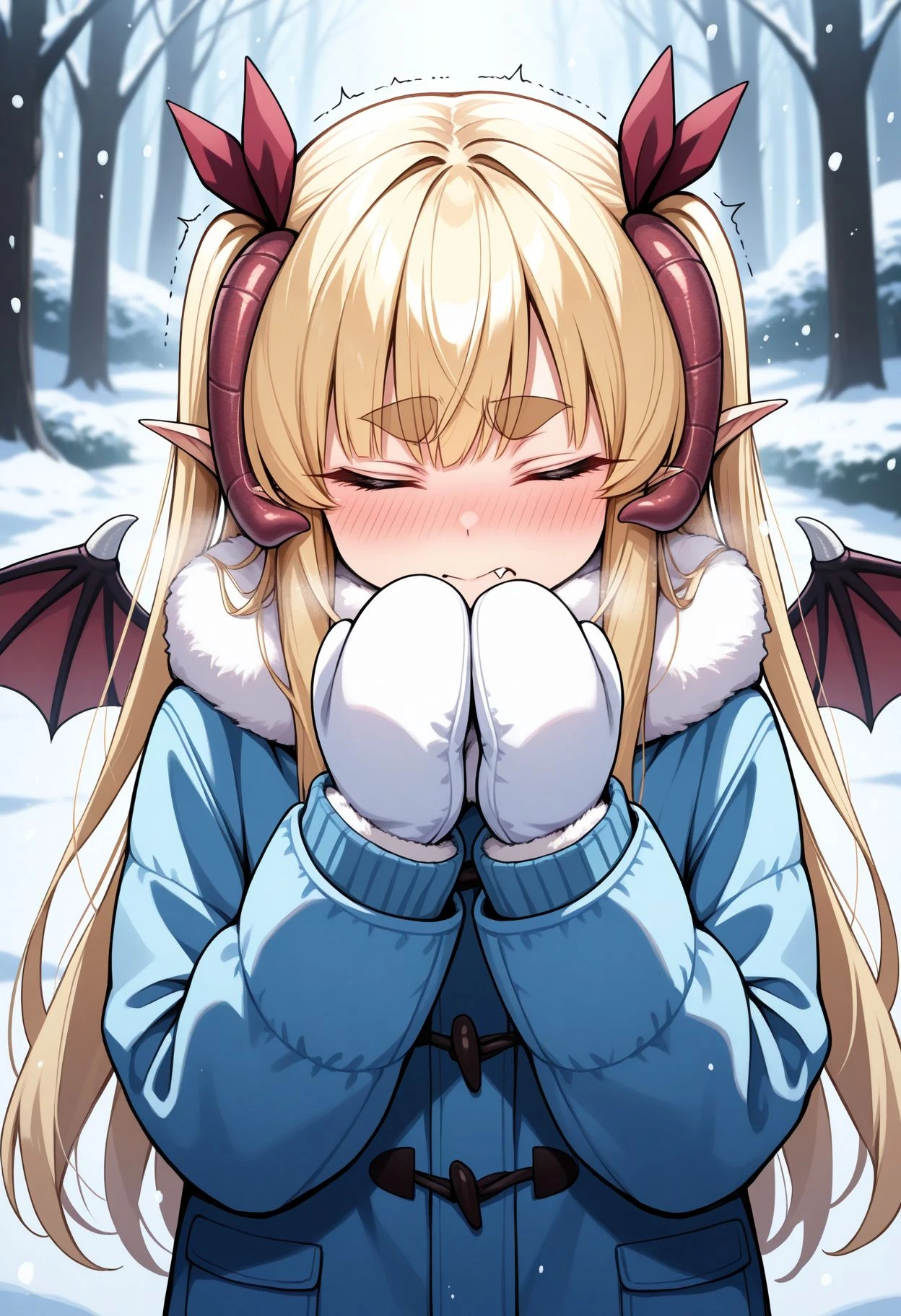 masterpiece,best quality,absurdres,highres,very aesthetic,high quality,detailed,insanely detailed,beautiful,perfect lighting,
<lora:Lily illu v2:0.8> 1girl, blonde hair, long hair, two side up, pointy ears, demon horns, demon girl, thick eyebrows, demon wings, fang out,
winter clothes, snow, nose blush, snowing, blush, trembling, mittens, sneezing