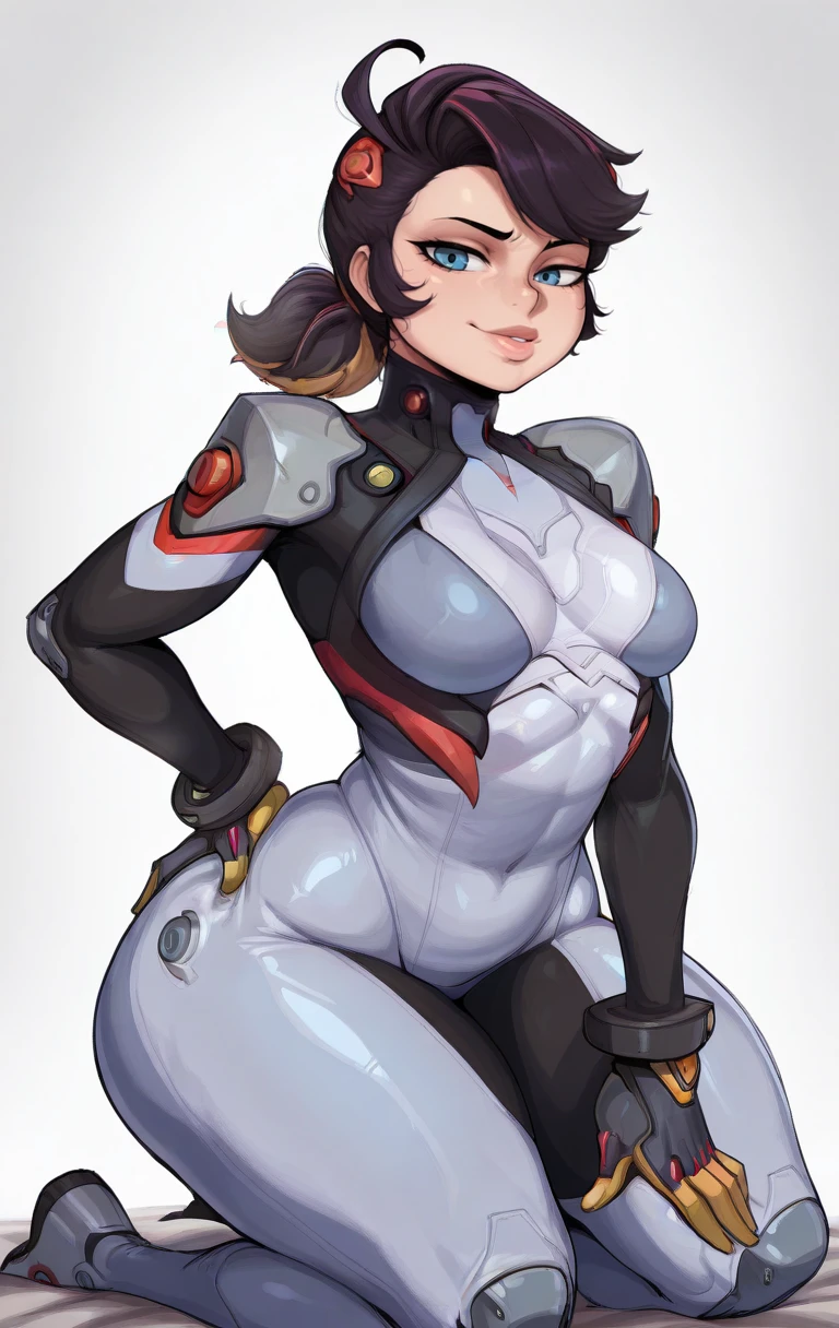 A woman with short black hair, muscular body, dark skin, and big breasts is wearing a pink tube top, white leggings, white boots, white gloves, a cat ear headband, and is crying and protruding her buttocks.
