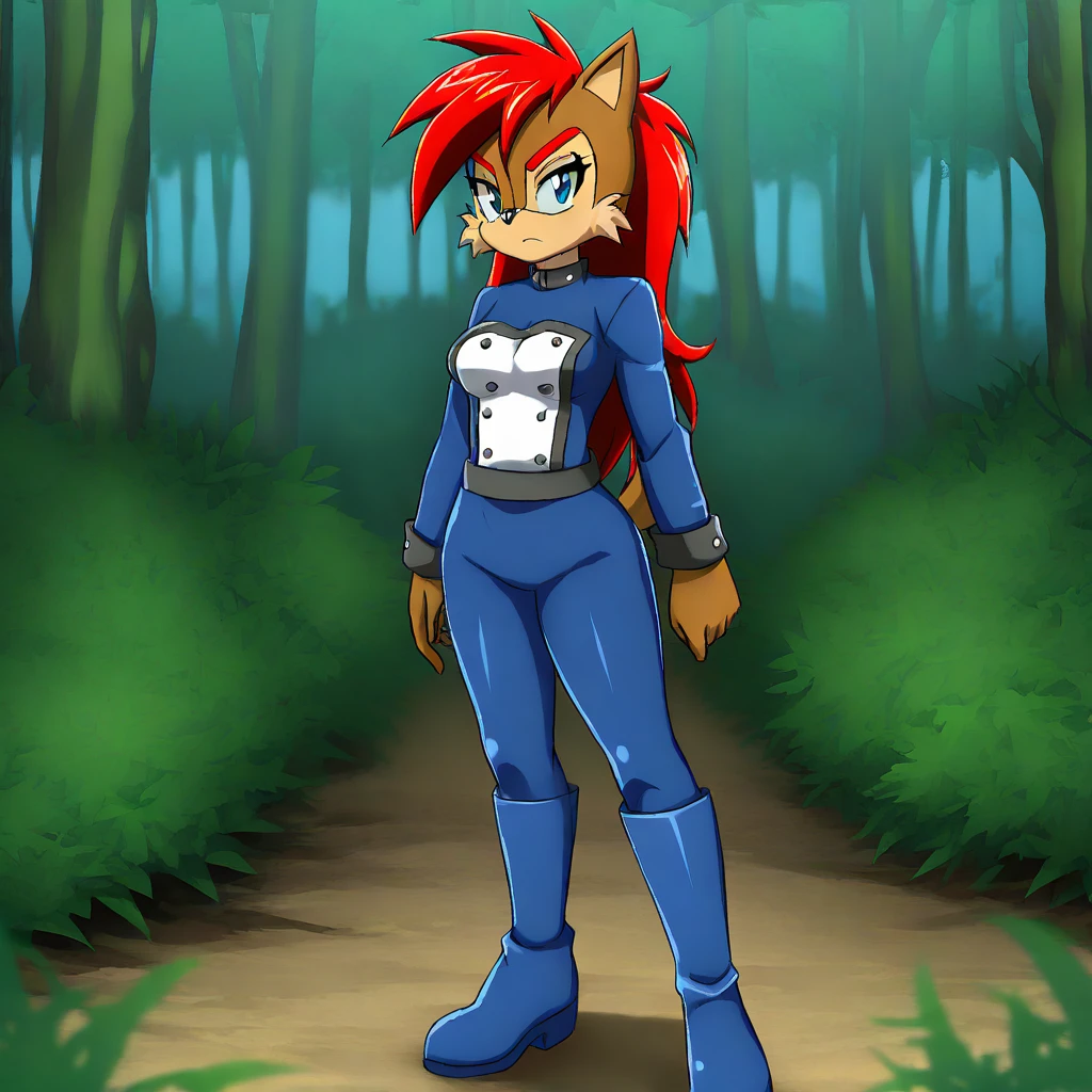 best quality, masterpiece, 1girl, solo, anti sally acorn_alt, breasts, long hair, brown fur, chipmunk girl, standing, outdoors, forest, furry female, blue eyes, red hair, dark blue footwear with black trim, black belt, black buttons, dark blue uniform with black trim, bodysuit, knee boots, red eyebrows, arms at side, <lora:Anti_SallyEvil_SallyPrincess_Alicia_Acorn_for_Illustrious:1>