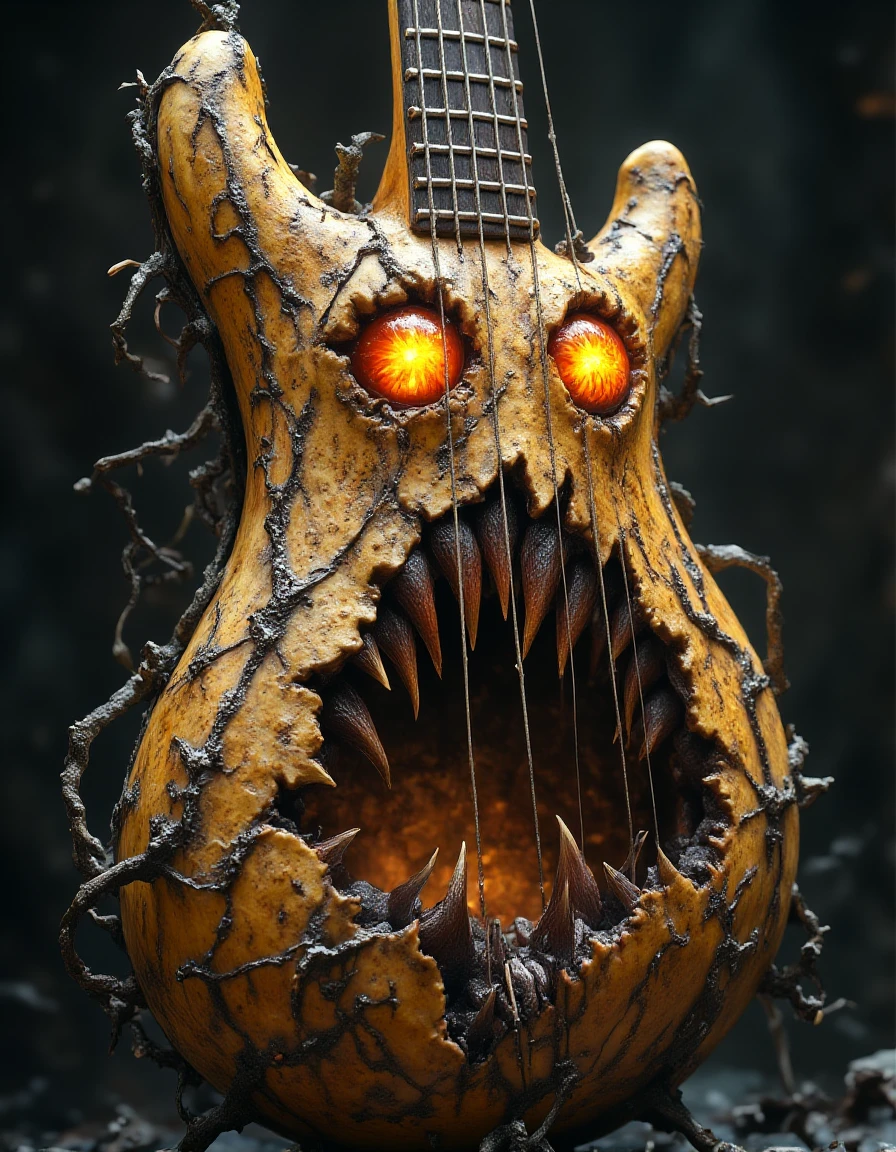 FALFDG A horrifying guitar with a grotesque, organic design, featuring glowing, fiery eyes embedded in its body, glaring with malevolent intent. Its jagged mouth, lined with sharp, uneven teeth, is carved into the guitar's surface, appearing to snarl or scream. The strings stretch across the mouth like veins, pulsing with an eerie energy. Thorny vines wrap around its warped neck, and the headstock splits into claw-like shapes, completing its terrifying, living appearance.