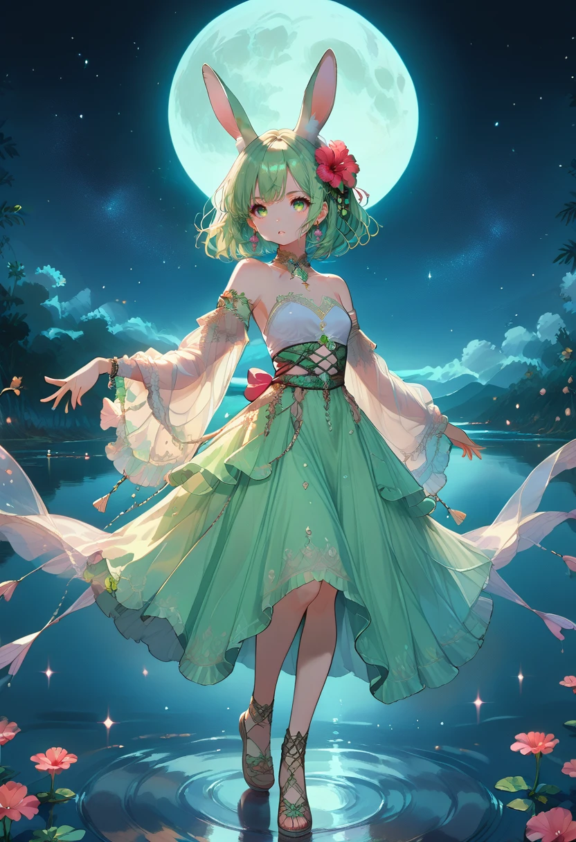 (beautiful pink and green butterflies all over the place),
((masterpiece:1.4, best quality)), ((masterpiece, best quality)),low angle,beautiful pony tail silver green hair,beautiful pink eyes,little cute girl,wet full body, bathing in the water,water falls,water splash,lovely laugh,denim shorts,pink and green baseball cap, ((pink and green elegant summer bikini)), (Lace chalker, wristband, diamond necklace,earrings),cinematic lighting and pause,beautiful natural mysterious park,night sky,full moon,(beautiful pink and green butterflies all over the place),