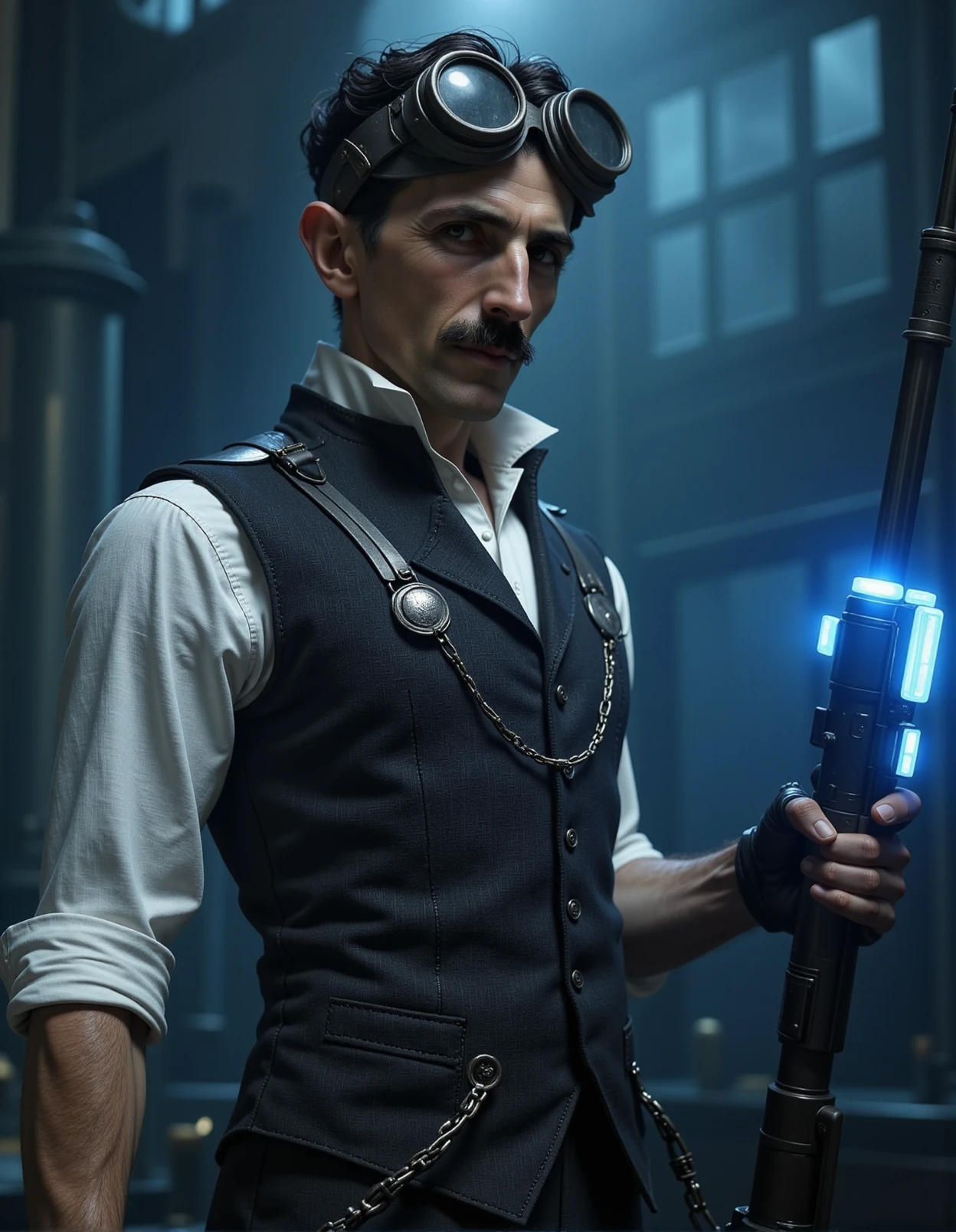 a highly detailed CGI rendering featuring a steampunk-inspired character. The character is a man with a medium build, fair skin, and a well-groomed mustache. He has an intense, focused expression on his face. His attire consists of a dark, fitted vest with intricate, metallic embellishments, a white shirt with a high collar. His outfit is complemented by a pair of goggles perched on his forehead, suggesting a scientific or inventor background.
In his right hand, he holds a futuristic, glowing device emitting a bright blue light, which contrasts starkly against the darker tones of his attire. His left hand is extended forward, holding a long, black rifle with a metallic finish, indicating readiness and authority. The background is a smoky, dimly lit environment, adding to the mysterious and intense atmosphere of the scene.
The overall color palette is dominated by dark shades of blue and gray, with the bright blue light of the device providing a focal point. The textures in the image are highly detailed, from the reflective surfaces of the goggles and the metallic sheen of the chain belt to the fabric of his clothing. This image combines elements of science fiction and historical aesthetics, creating a visually striking and immersive scene. <lora:Tesla_instantID_OT_ep50:0.8> <lora:Flux_Detailer:0.8><lora:The_AI_Colab:0.5>