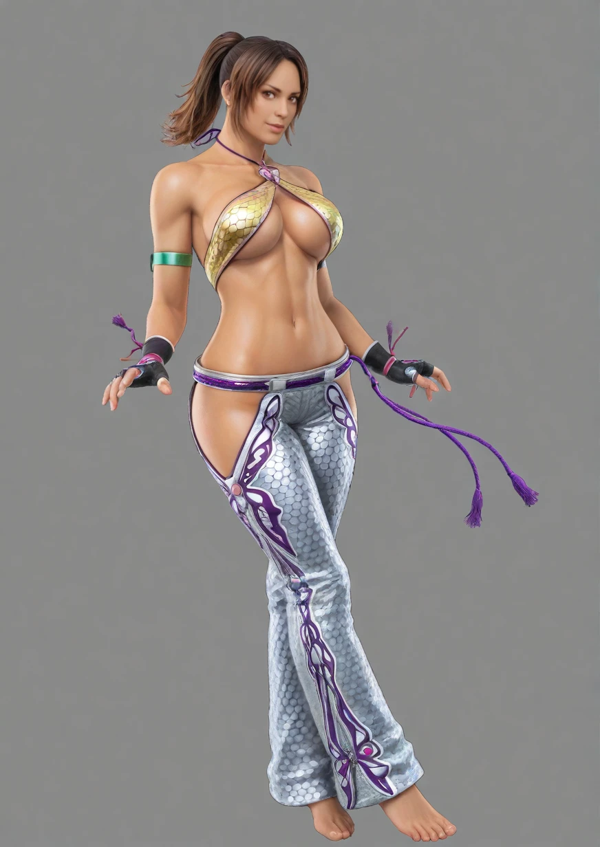 <lora:Christie_Monteiro_TEKKEN:1>,1girl,3d,tekken 7,official style,Christie Monteiro (TEKKEN),ponytail, dark-skinned female, brown eyes,brown hair,
yellow crop top, criss-cross halter, rope belt, underboob, green armlet, fingerless gloves, silver pants, hip vent,bare,barefoot,
wide hips, huge breasts, breasts, closed mouth, full body, looking at viewer, solo, standing, tachi-e, transparent background,
animated, dynamic angle,very awa, masterpiece, best quality, highres, absurdes,amazing quality,year 2024,newest