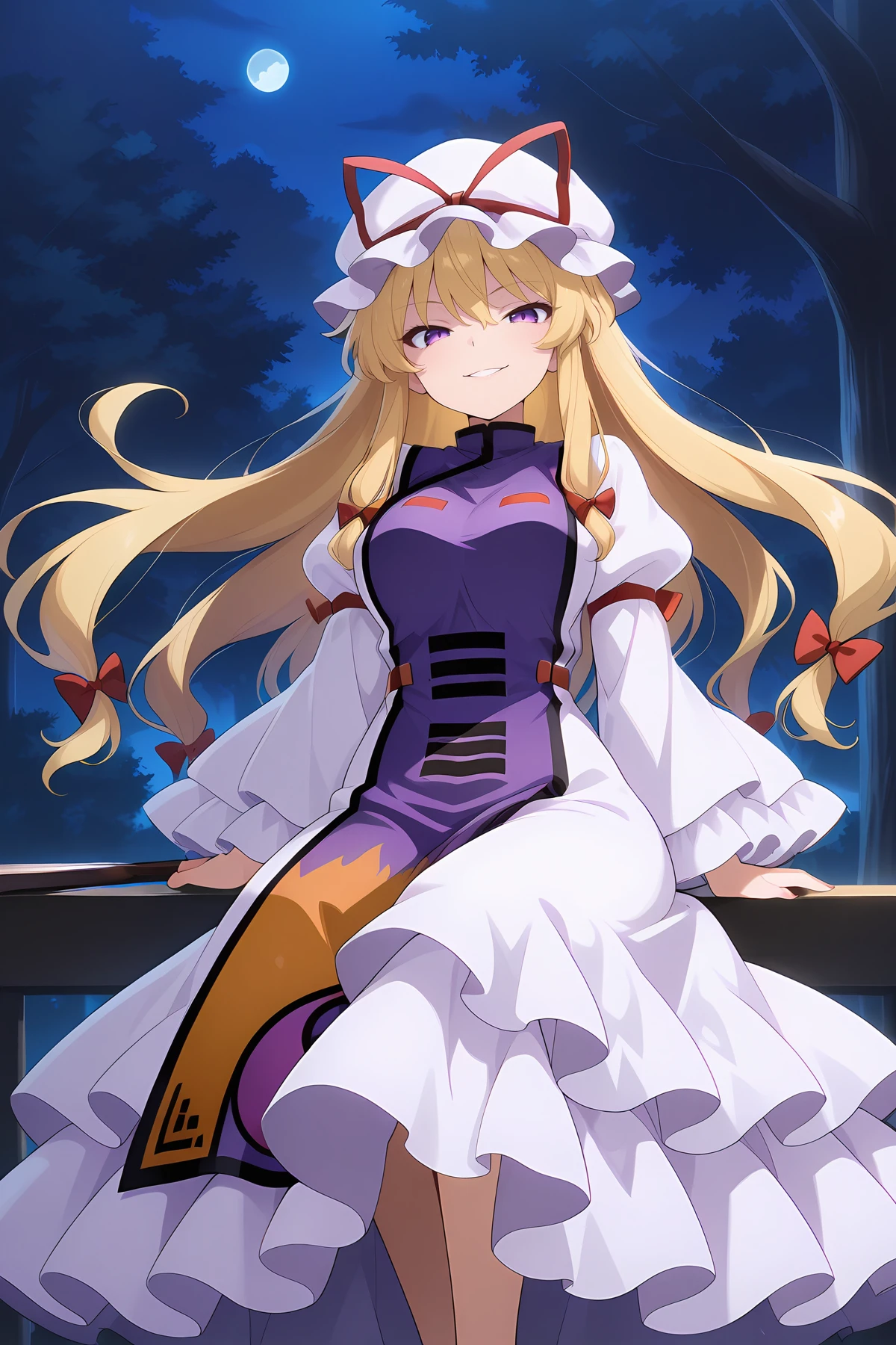 absurdres, highres, masterpiece, best quality, amazing quality, official anime artwork, screencap, anime screencap, outdoors, looking at viewer, light paticles, night, midair,
<lora:Yakumo-Yukari_Illustrious:1> yakumo yukari, 1girl, solo, blonde hair, purple eyes, long hair, sidelocks,, dress, hat, hat ribbon, juliet sleeves, layered dress, long sleeves, mob cap, puffy sleeves, purple tabard, tabarad, white dress, white hat, wide sleeves, ying yang, yin yang print,
floating hair, dynamic hair, sakura tree, big tree, folded fan, evil smile, disembodied eye, sitting,