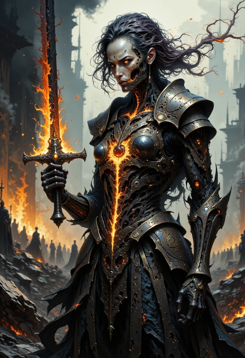 A mid-shot of a ghostly warrior shrouded in smoke and embers, her charred armor cracked and glowing with the remnants of a long-forgotten fire. Her hollow, smoldering eyes burn with a deep, relentless hunger, and trails of ash drift from the corners of her lips as she breathes. Her hair, now little more than ember-filled wisps, flows weightlessly around her skeletal yet hauntingly beautiful face. She clutches a broken sword, its jagged edges glowing red-hot, while ghostly flames coil around her fingers like hungry serpents. Wisps of burned fabric cling to her form, barely concealing the intricate, battle-worn runes etched into her exposed skin. The background is a blur of a ruined battlefield, where the silhouettes of fallen warriors flicker in the rising smoke, caught between oblivion and memory. <lora:FluxColorfulArtV1:1>  C0lorful4rt