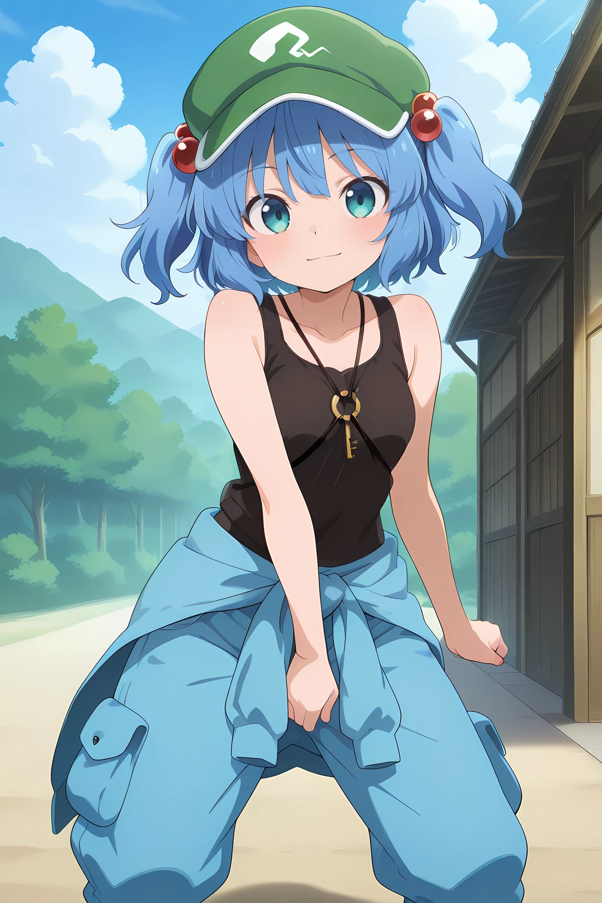 absurdres, highres, masterpiece, best quality, amazing quality, official anime artwork, screencap, anime screencap, outdoors, looking at viewer, light smile, dynamic pose,
<lora:Nitori-Kawashiro_Illustrious:1> kawashiro nitori, 1girl, solo, aqua eyes, blue hair, short hair, two side up, twintails, hair bobbles,, key, green headwear, tank top, bare shoulders, blue clothes around waist, cargo pants,