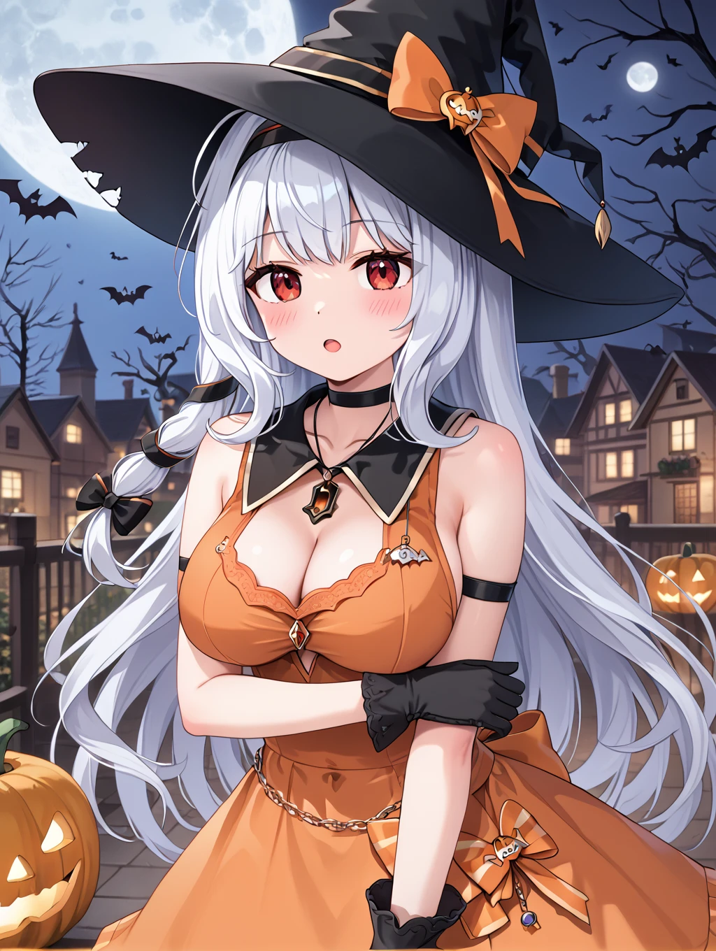 ((worst quality, low-quality)), ((Rabbit eared girl)), Solo, ((Big breasts)), ((Long silver hair)), Hair over one eye, plump shiny lips, Beautiful clear eyes, Spoken Heart, ((the witch)), fishnet tights, embarrassed, Leaning forward, ((squash)), (((Jack Lantern))), (Suspicious light, rays of moonlight:1.4), (( The background is the moon)), high-angle shot, masutepiece,Best Quality,ultra-detailliert,