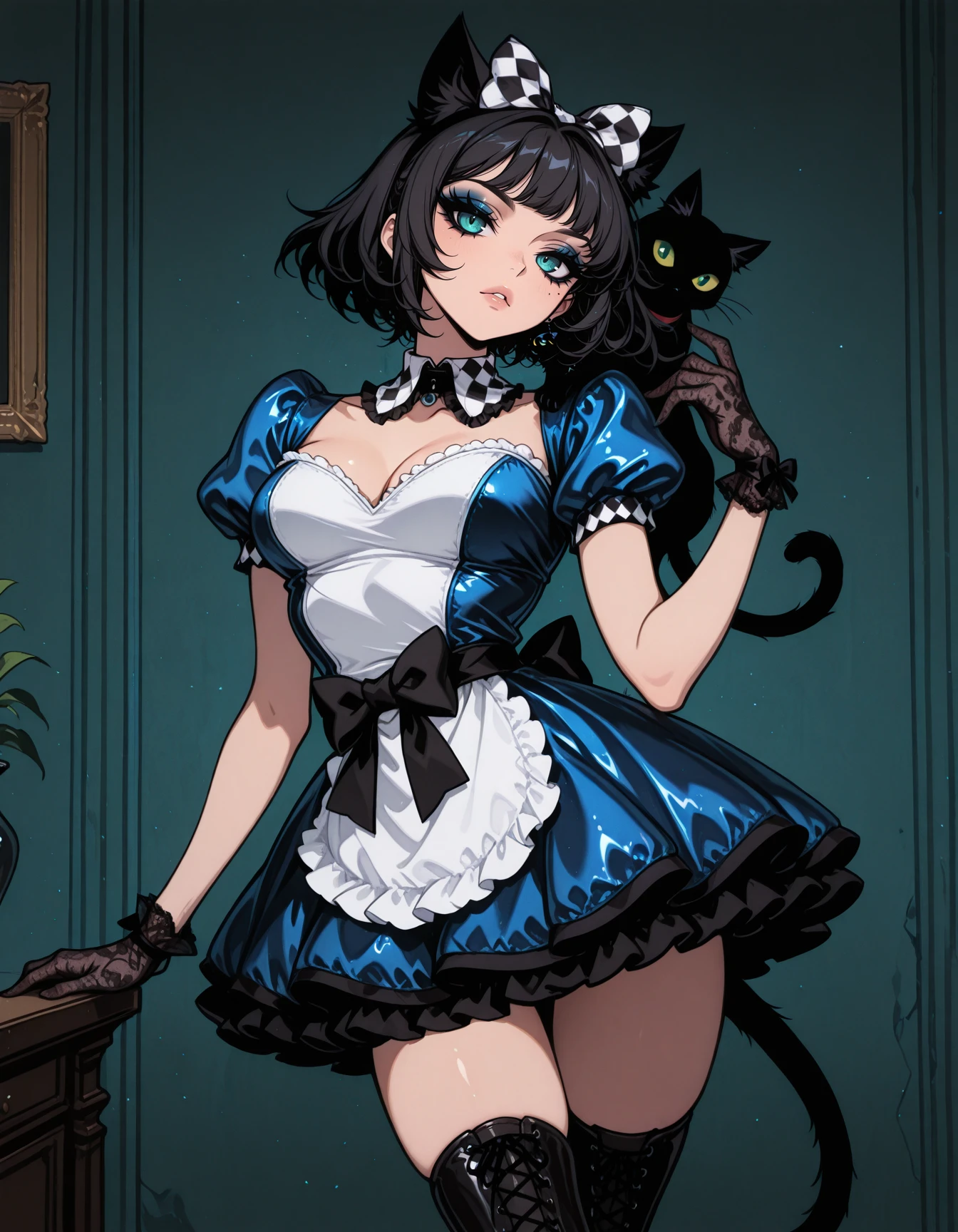 1girl, solo,  <lora:Style_ecstatic-Rabbithole-ILXL:1>  RBL-Illu <lora:Outfit_soph-AliceMaid-ILXL:0.9> blue dress, satin dress, shiny clothes, checkered bow, puffy short sleeves, white apron, frills, checkered trim, puffy skirt, hair bow, lace gloves, shirt collar, short gloves, zettai ryouiki, detached collar, waist bow, laced thighhighs, thigh boots, black cat on shoulder, <lora:Style_ecstatic-EGirlPFP-ILXL:1> EGirlPFP, dramatic eyeliner, masterpiece, best quality, very aesthetic, newest