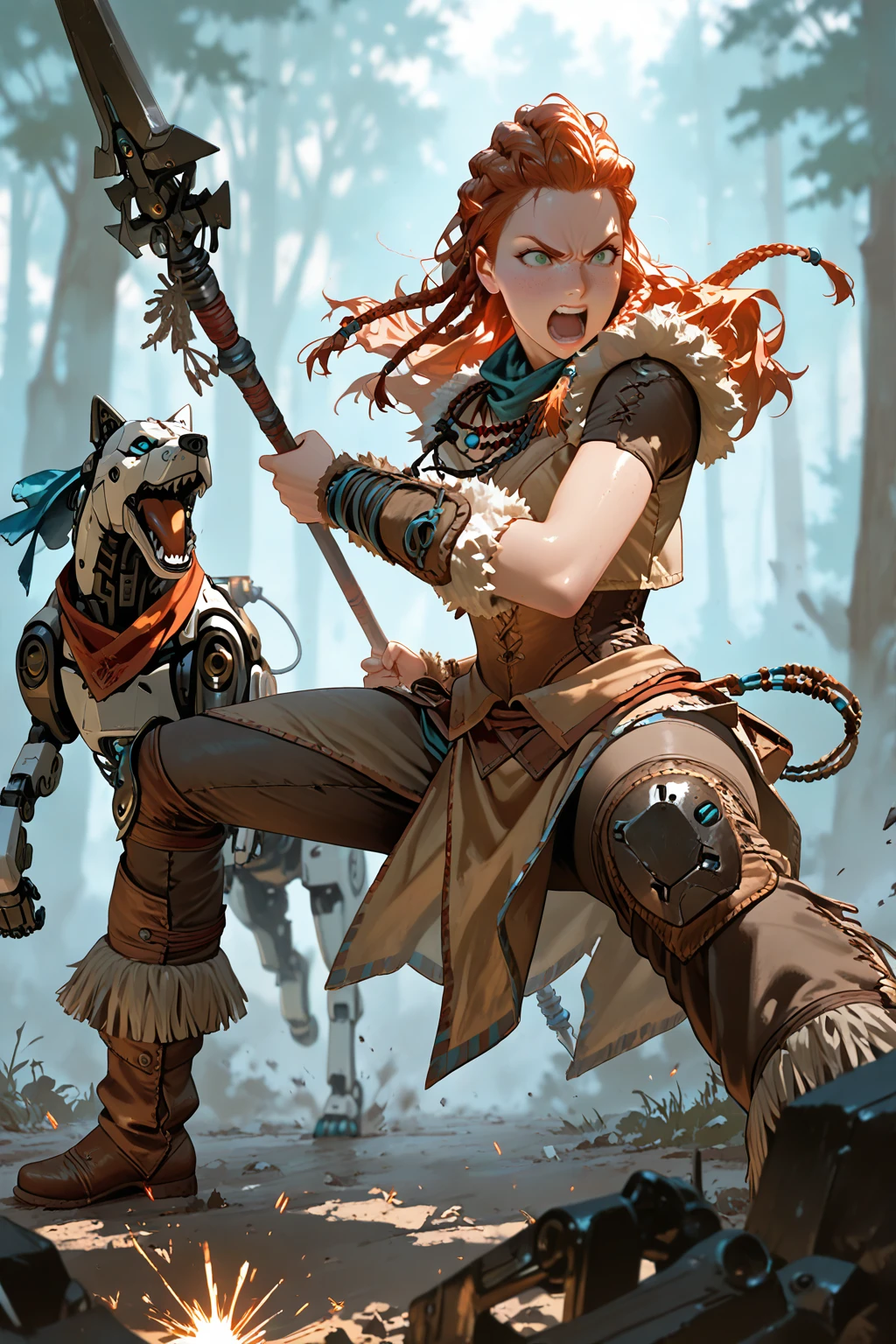 masterpiece, good quality, best quality, very awa, very as2, absurdres, highres
<lora:AloyilluLoRA:1>aly, long hair, multiple braids, freckles, hair ornament, scarf, top, fur trim, necklace, bracer, skirt, pants, single knee pad, boots, holding spear, fighting stance, robot dog, angry, open mouth, attacking, sparks. forest