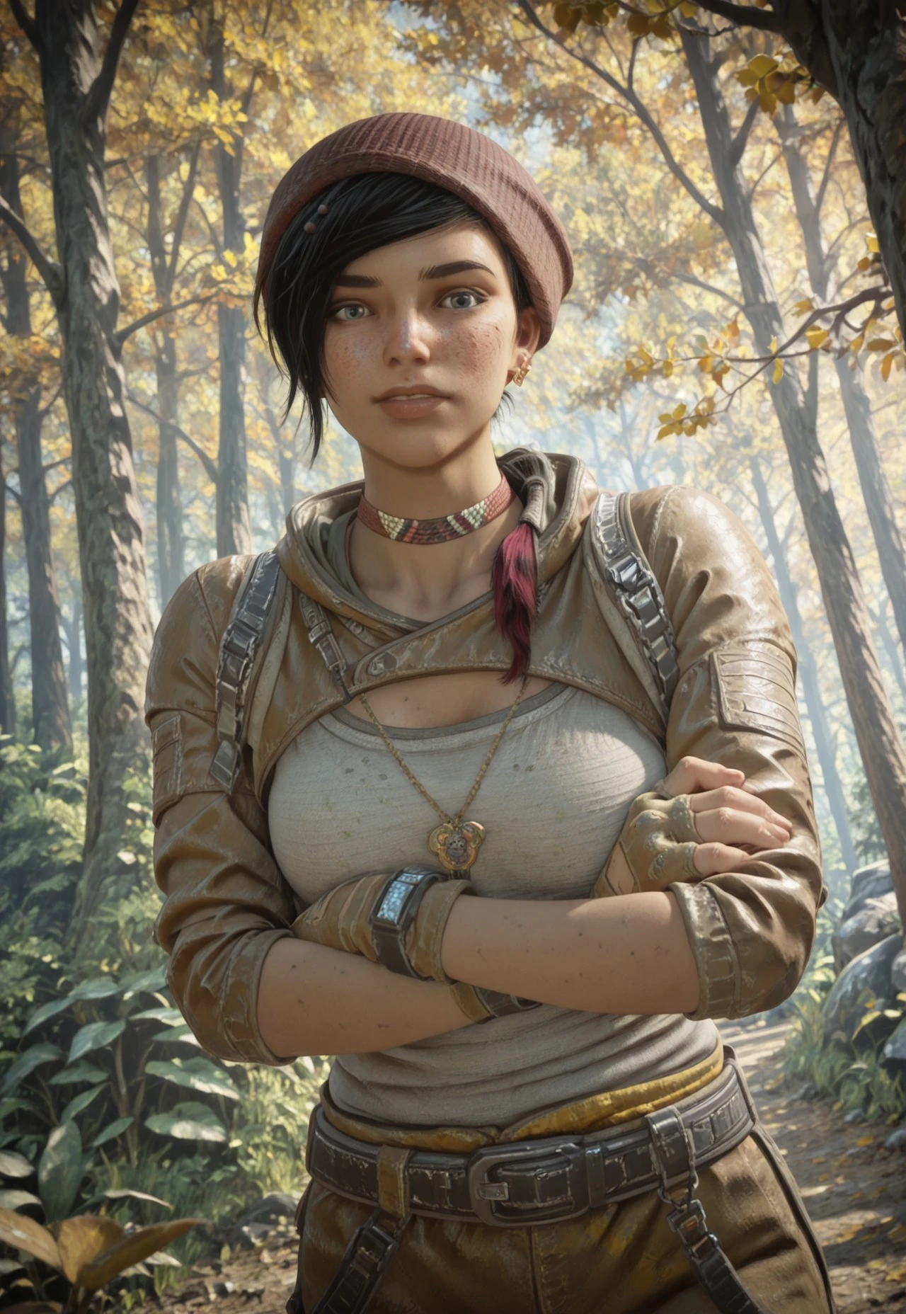 masterpiece, best quality, BREAK, dynamic angle, 1girl, solo, kaitdgow, black hair, short hair, ponytail, freckles, beanie, jacket, tanktop, arms crossed, looking at viewer, belt, jewelry, earrings, fingerless gloves, choker, hair on shoulder, hands on hip, forest, sunray