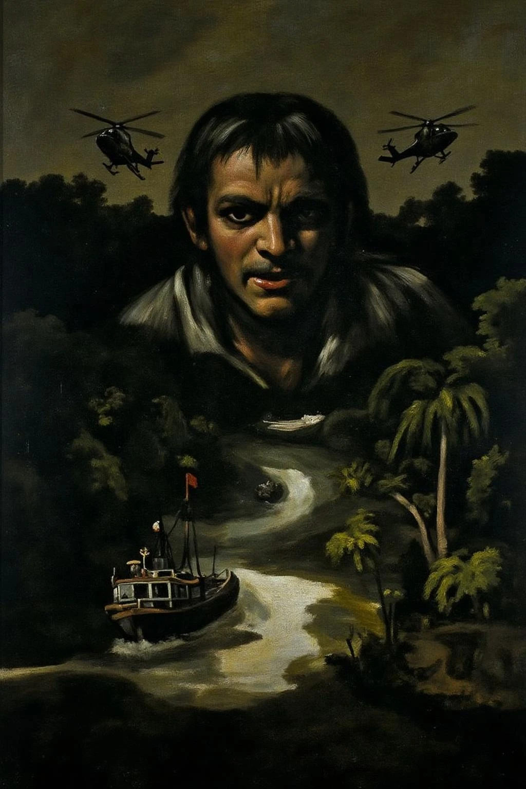 g0ya1 painting.
A dramatic, surreal poster inspired by the film Apocalypse Now, featuring a large, ominous face blending into the background of a dark, eerie jungle. Helicopters fly in formation across the sky, while a riverboat sails through the misty waters below. The composition is intense and haunting, with an atmosphere of chaos and foreboding. <lora:g0ya2_cap_d6a3e12:1.0><lora:823863895472192640:0>
