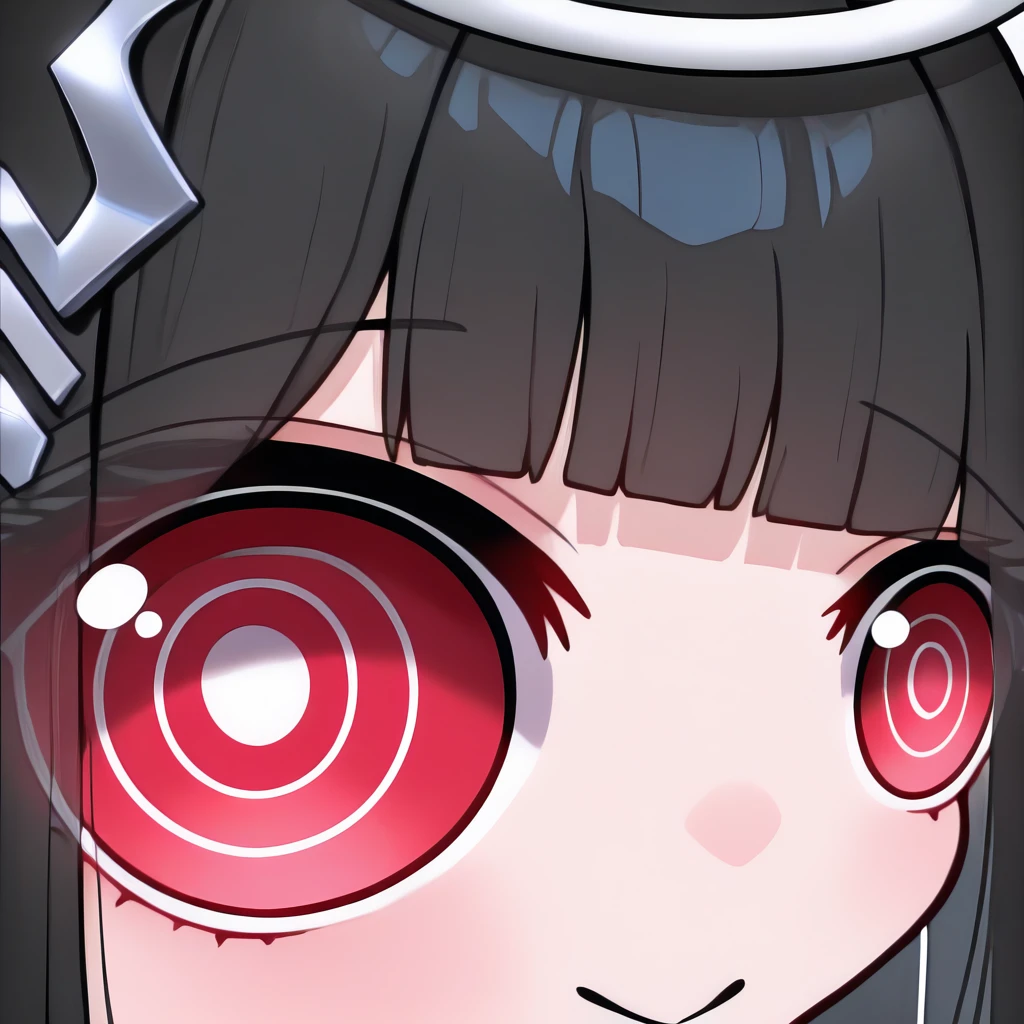 masterpiece, best quality, newest, absurdres, highres, eye focus, close-up, smile, closed mouth, portrait, <lora:StareMeme_illusXLNoobAI_Incrs_v1-000008:1>, 1girl, <lora:Hoseki_BlueArchive_RioTsukatsuki_IllustriousXL_v1:1>, r1o, halo, black hair, very long hair, blunt bangs, red eyes, bright pupils, white pupils, ringed eyes, hair ornament,