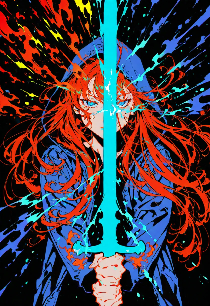 very awa,masterpiece,best quality,year 2024,newest,highres,absurdres, (yoneyama mai:1.2), lineart, monochrome, (blue sword), (fighting stance), (disheveled hair:1.1), (dark theme), chiaroscuro, foreshortening, (colorful splashes:1.1), (shining:1.1), (focus on face:1.1), Glowing skin, Strong contrast, long sleeves, simple background, blue eyes, weapon, hood, black background, sword, hooded jacket, meme, jacket, hood up, red long hair, glowing, half-closed eyes, looking at viewer, <lora:noobaiXLNAIXL_epsilonPred11Version-lora:0.15>
<lora:rule34-BDSM-IL-V1:0.4>
