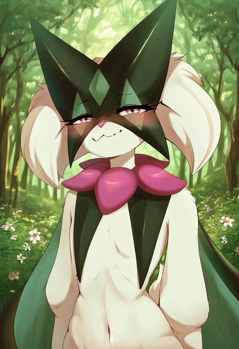 zPDXL, score_9_up, score_8_up,_7_up, score_6_up, score_5_up, score_4_up ,source_furry, best quality, amazing quality, masterpiece, 1girl, looking at viewer, solo, cute, blush, seductive smile, sexy pose, out doors, forest, flowers, meowscarada, <lora:meowscarada:0.8>, vksuika, <lora:Vksuika:1>, Expressiveh, good_hands, <lora:Expressive_H:0.8>, <lora:Detail_Slider_v1.4_iteration_3:4>, <lora:pony_good_hands:0.8>