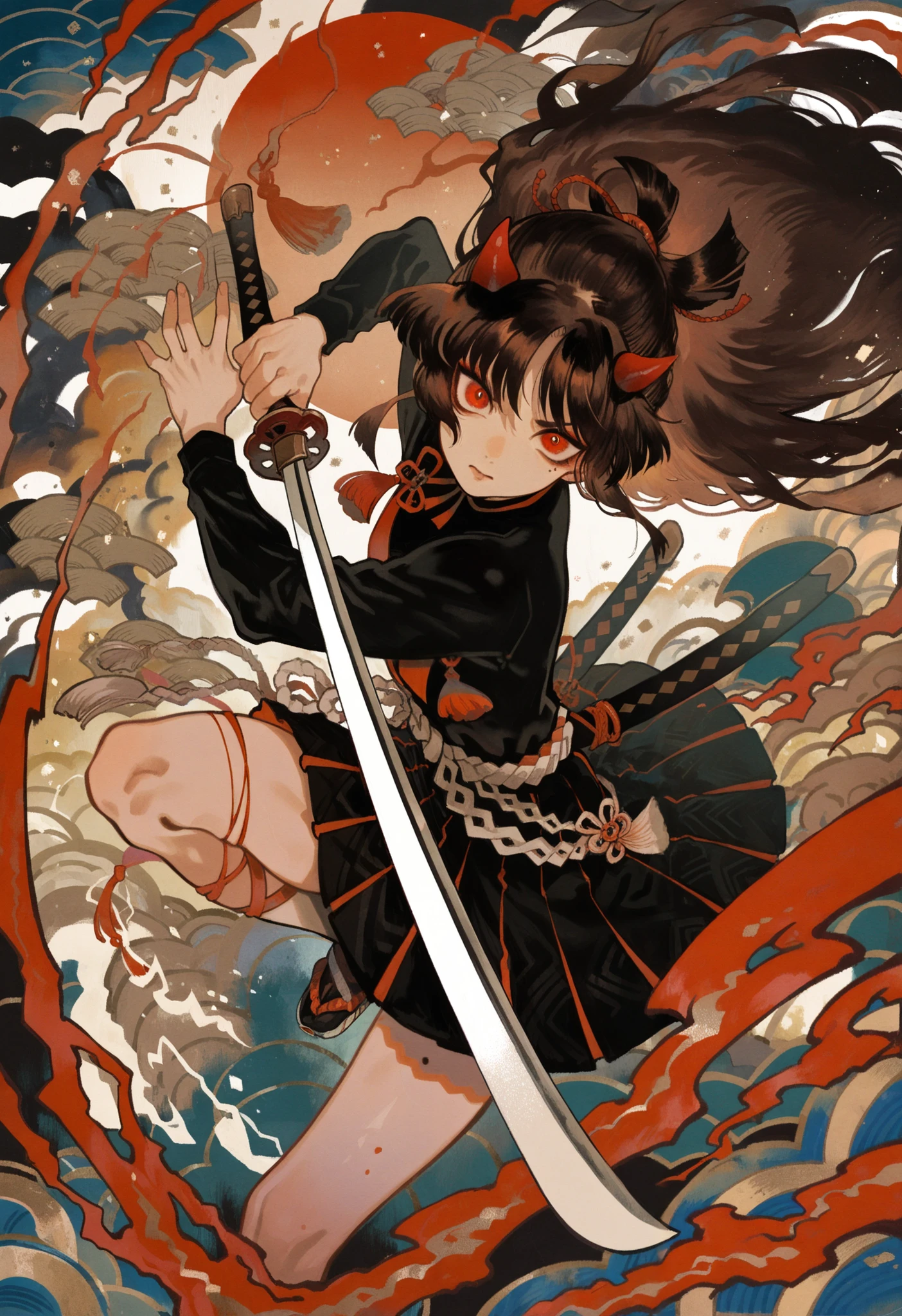 1girl, black shirt, black skirt, brown hair, closed mouth, cloud, demon horns, flower knot, frown, holding, holding sword, holding weapon, horns, katana, long hair, looking at viewer, mole, mole under eye, onmyoji, red eyes, red ribbon, ribbon, seigaiha, shide, sword, tassel, dynamic pose,
masterpiece, best quality, amazing quality, absurdres, newest,
<lora:tsubonari:1>