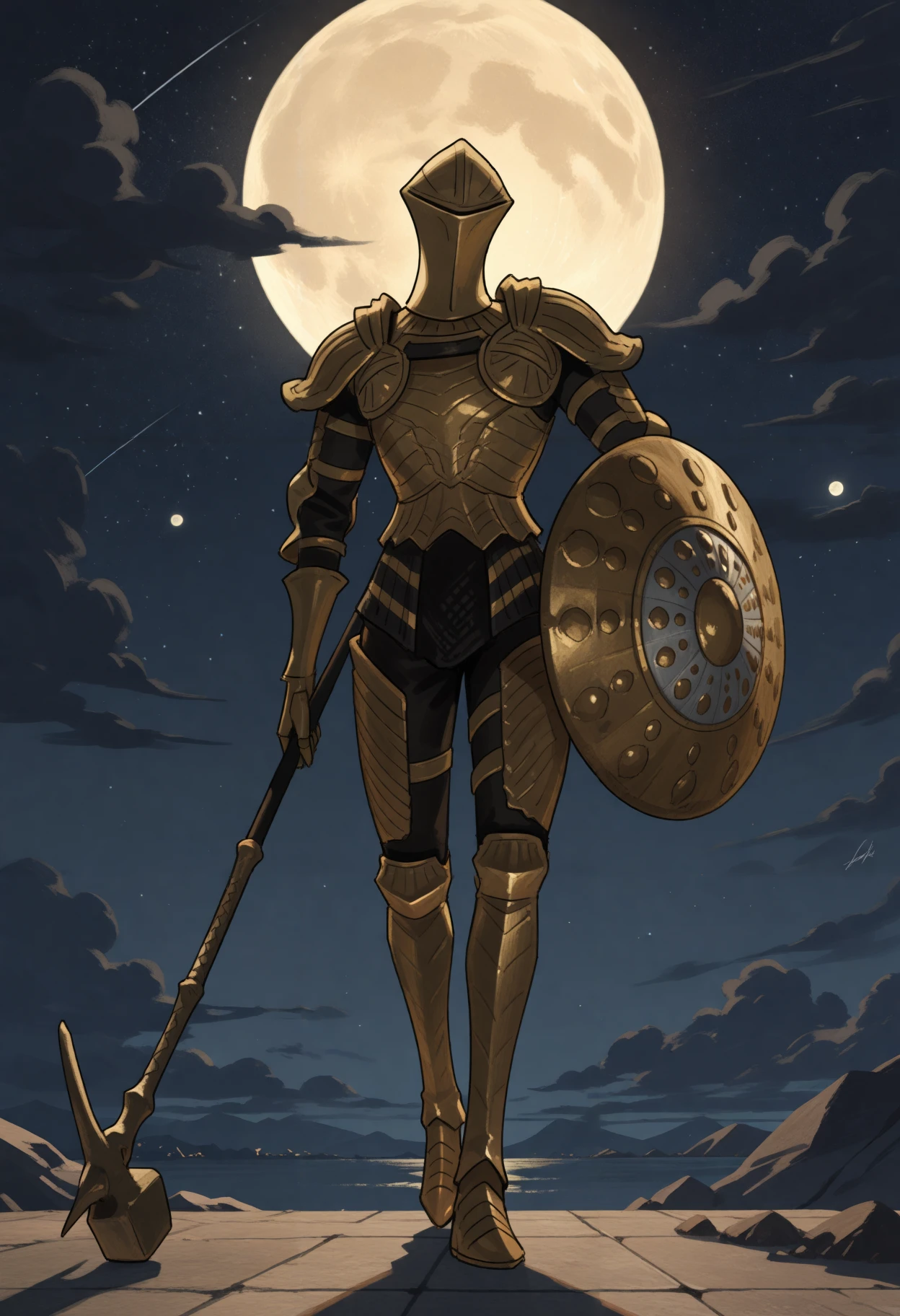 masterpiece, best quality, newest, night, gold moon, dark clouds, star \(sky\), starry sky, outdoors, uielis, 1other, solo, full body, gold helmet, covered face, gold breastplate, gold shoulder armor, gold gauntlets, gold faulds, gold greaves, chainmail, holding shield, holding war hammer, <lora:Ruin Sentinels:1>