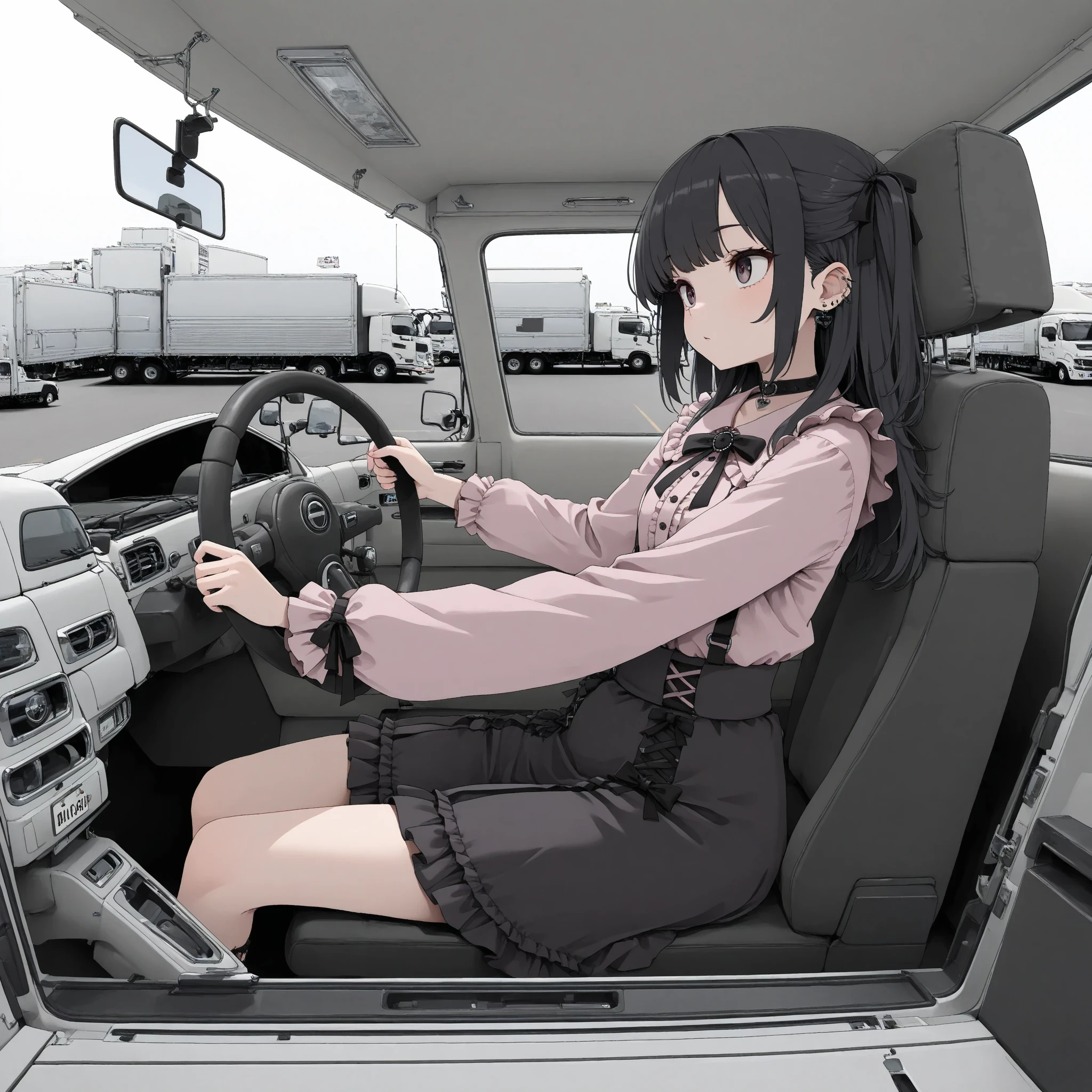 masterpiece,(bestquality),highlydetailed,ultra-detailed,illustration,(1girl),black hair,(detailedeyes),Jirai Kei fashion,(girl is driving in the seat on the right:1.2),Japanese truck,(nightime),Expressway