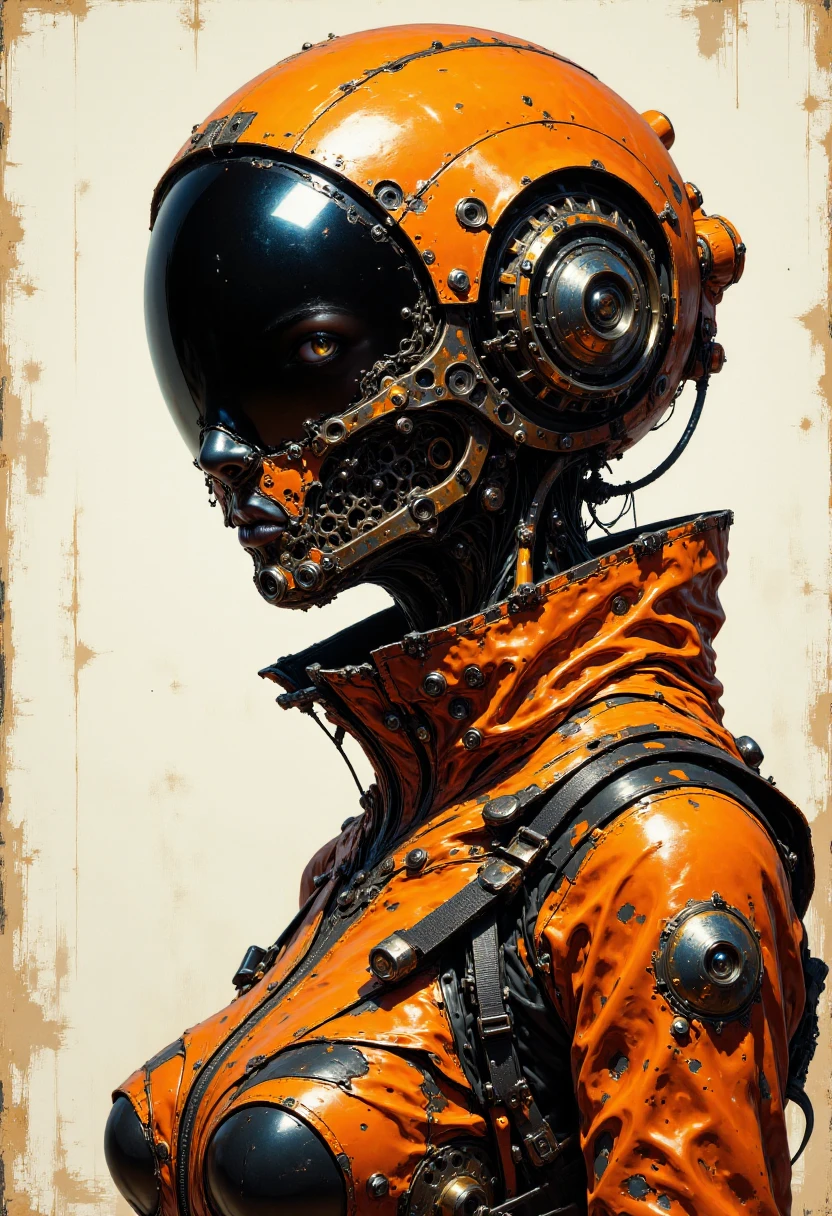 A masterfully crafted digital painting of a futuristic cyberpunk character, featuring a striking female figure in a sleek black and vibrant orange outfit with a weathered texture, The subject wears a high-tech helmet-mask hybrid with metallic details and glowing accents covering the lower half of her face leaving her piercing eyes as the focal point, Her outfit combines tactical and industrial design elements with a rugged shoulder strap and intricate buckles, The background is minimalist with subtle grunge textures emphasizing the intense and dramatic atmosphere, style is semi-realistic digital painting with bold color contrasts and sharp detail, <lora:FluxColorfulArtV1:1>  C0lorful4rt