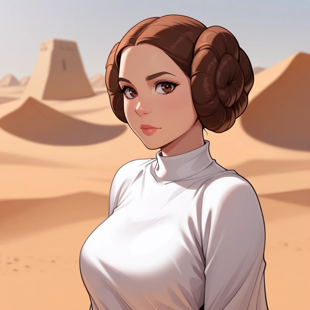 masterpiece, best quality, princessleia, 1girl, solo, brown hair, hair buns, brown eyes, white dress, upper body, <lora:PrincessLeia_illustrious_Leaf1:1>, depth of field, looking at viewer, desert,