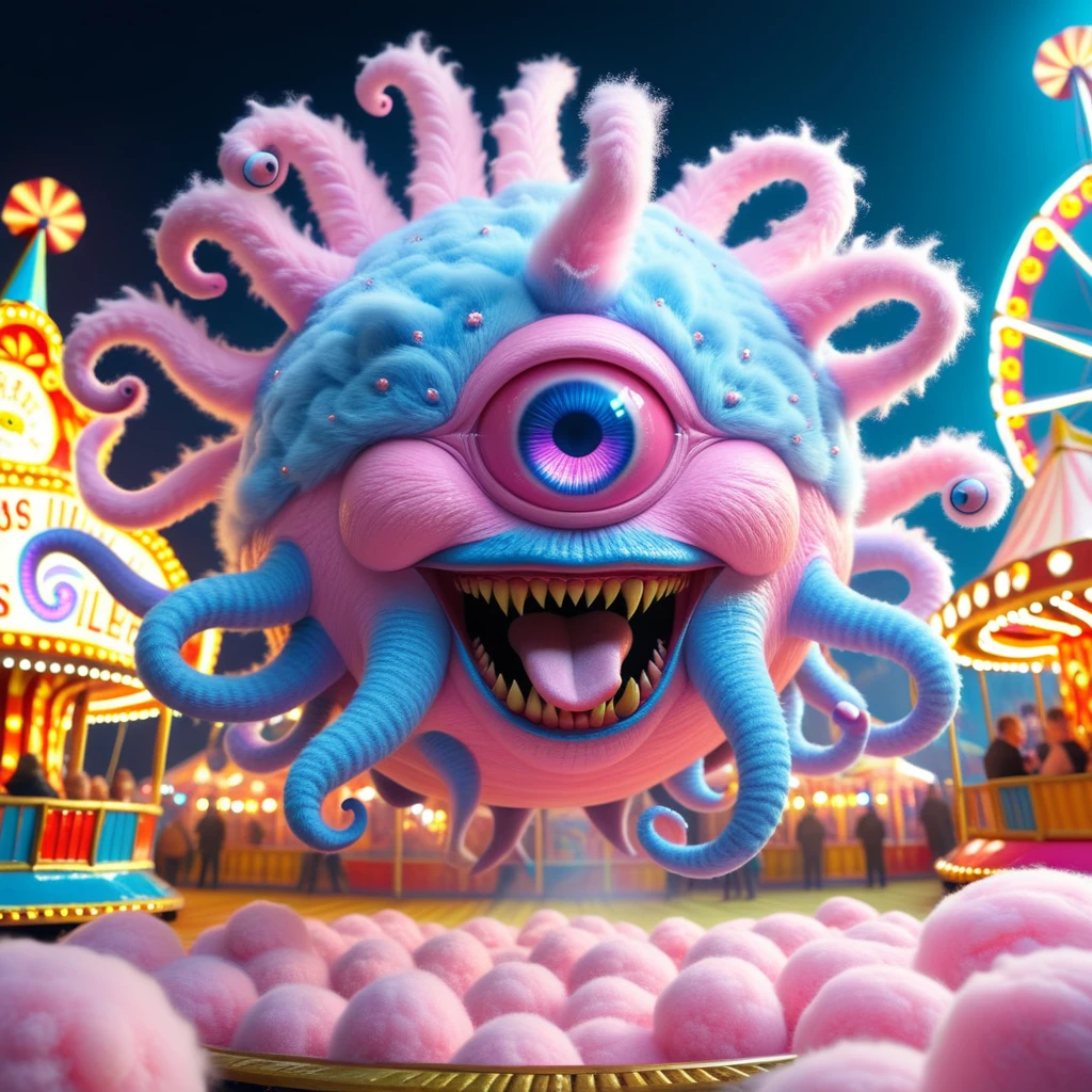 masterpiece, ultra quality, ultra detailed, <lora:Magic_Creatures_Beholders_V2_SDXL1.0:1> beholders, bhv2,cinematic, dramatic lighting, masterpiece, ultra detailed textures and colors,this adorable male beholder features a fluffy, pastel-colored body with shades of pink and blue that blend together like cotton candy. He has tentacles with eyes in every tentacle tip. His soft, plushy texture is accentuated by a playful sparkle in his big, bright eyes. He has a big mouth with long sharp fangs, He floats happily in a fairground setting filled with soft, warm lights and playful colors, evoking a sense of joy and whimsy