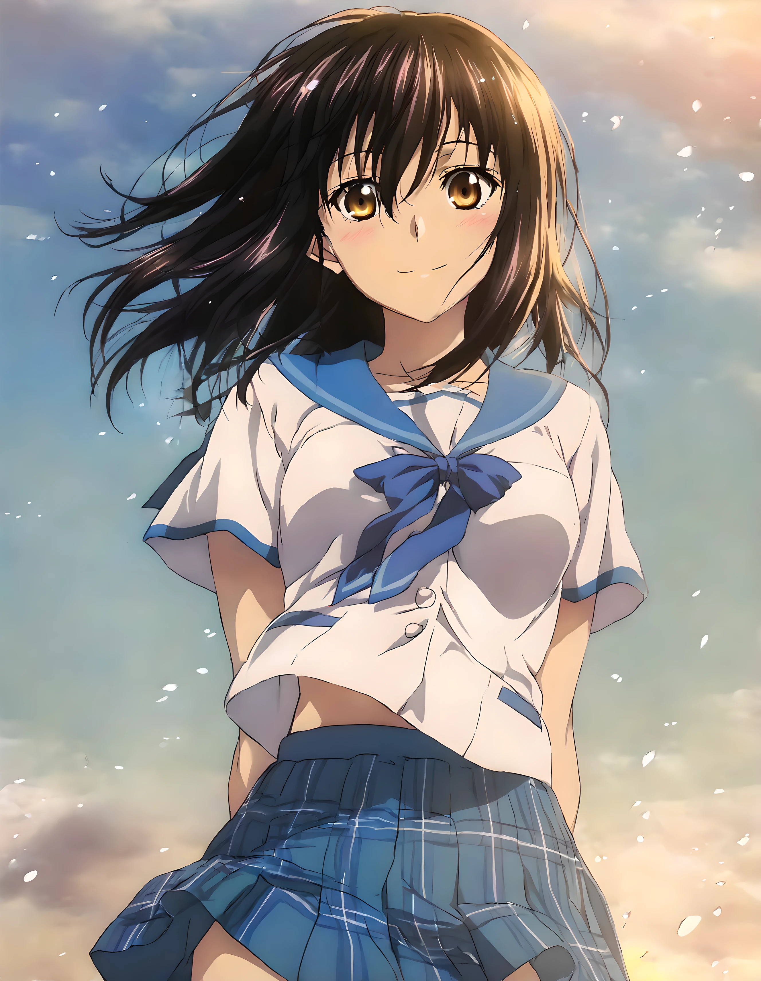 <lora:illustrious_XL_yukina_v2:0.8>,yukina,masterpiece,best quality,good quality,1girl,solo,school uniform,serafuku,short sleeves,collarbone,blue mini skirt,pleated skirt,day,upper_body,front view,looking_at_viewer,smile,light_blush,arms_behind_back,standing,hair swinging in the wind,delicate hair,wrinkling of clothes,shiny hair,shiny_skin,