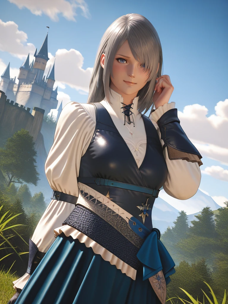 screencap, realistic, realism,
1girl, medium breasts, (JillXL:1.1), white shirt, vest, dress, skirt, long sleeves, puffy sleeves, blue eyes, grey hair, long hair, gloves, one eye covered,
light smile, dutch angle, shy pose, shy, looking at viewer, blue sky, clouds, castle behind, vegetation, daylight, dynamic pose, cowboy shot, one hand on hair,
<lora:AjillWarrick_character:1>